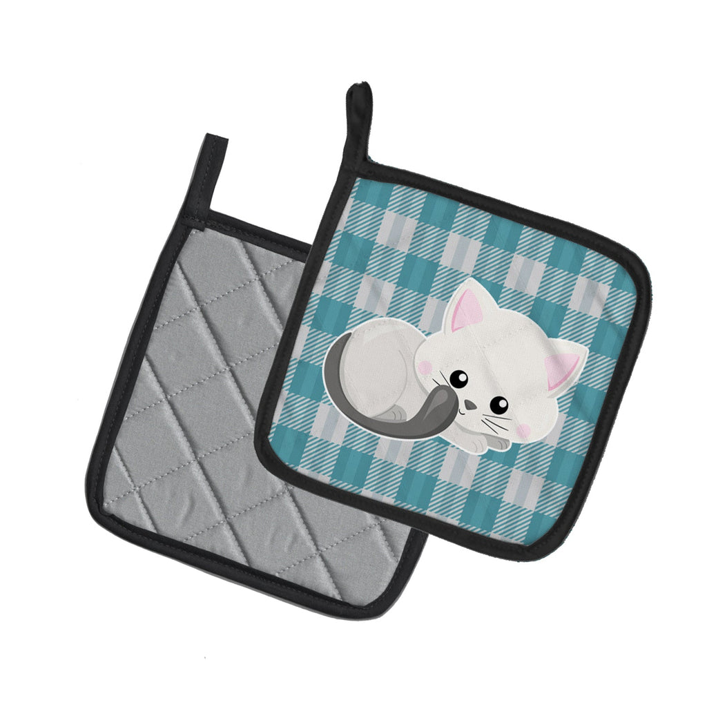 White Kitten Pot Holder Set of 2 Heat Resistant Quilted Hot Pads 7.5 x 7.5 Inch, Insulated Kitchen Trivets for Cooking & Baking