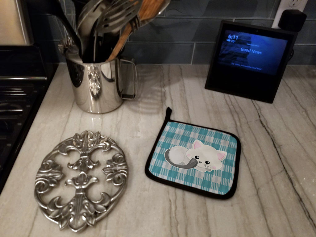 White Kitten Pot Holder Set of 2 Heat Resistant Quilted Hot Pads 7.5 x 7.5 Inch, Insulated Kitchen Trivets for Cooking & Baking