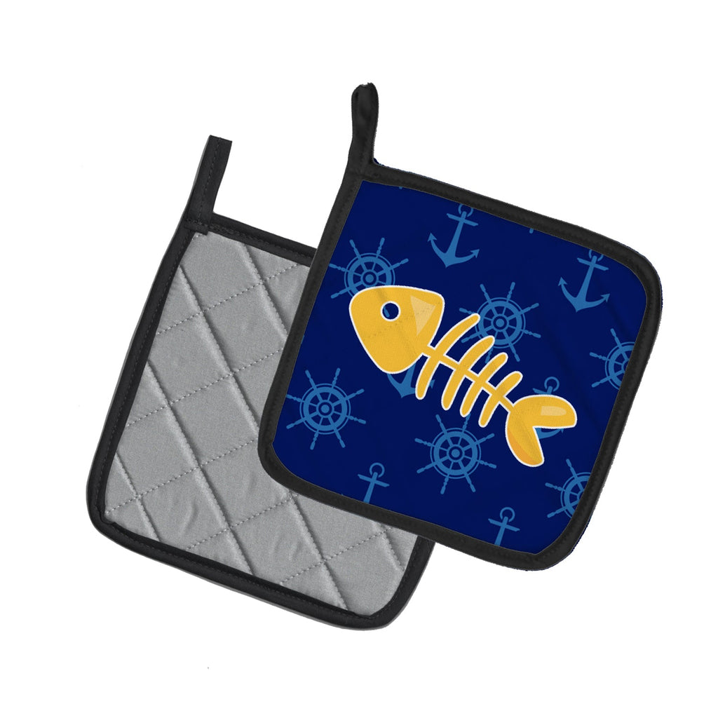 Fish Bones Pot Holder Set of 2 Heat Resistant Quilted Hot Pads 7.5 x 7.5 Inch, Insulated Kitchen Trivets for Cooking & Baking