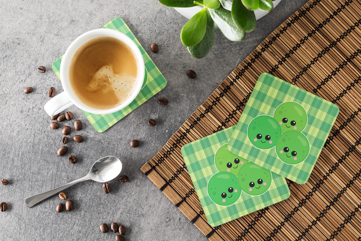 Three Peas Foam Coasters Set of 4 Cup Coasters for Indoor Outdoor, Tabletop Protection, Anti Slip, Mouse pad Material