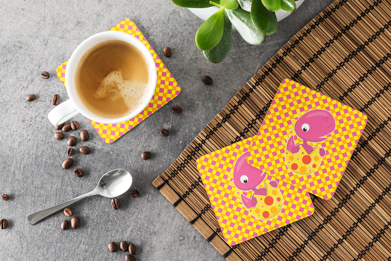 Baby T-Rex Dinosaur Hatching Foam Coasters Set of 4 Cup Coasters for Indoor Outdoor, Tabletop Protection, Anti Slip, Mouse pad Material
