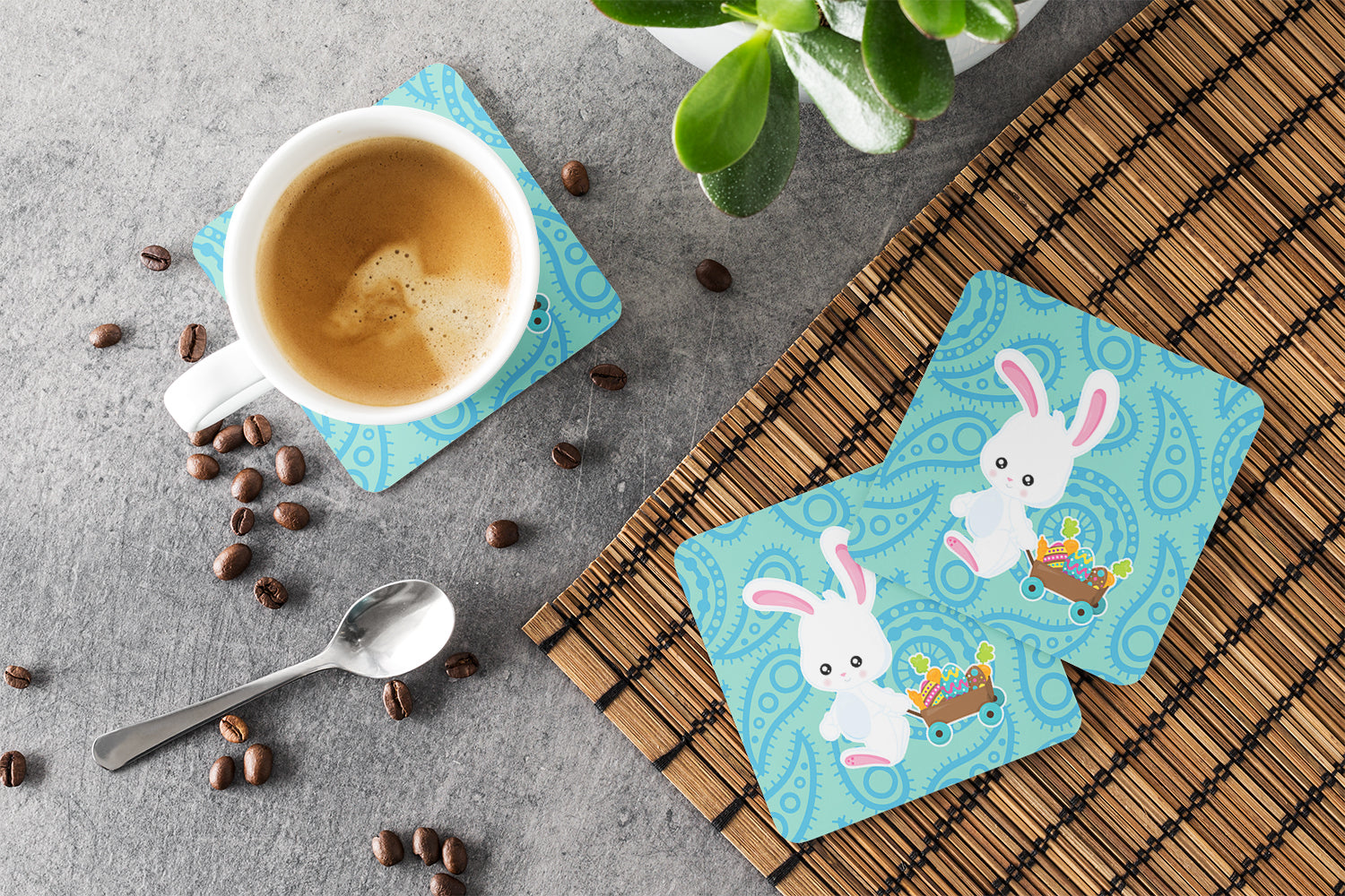 Easter Rabbit Paisley Blue Foam Coasters Set of 4 Cup Coasters for Indoor Outdoor, Tabletop Protection, Anti Slip, Mouse pad Material