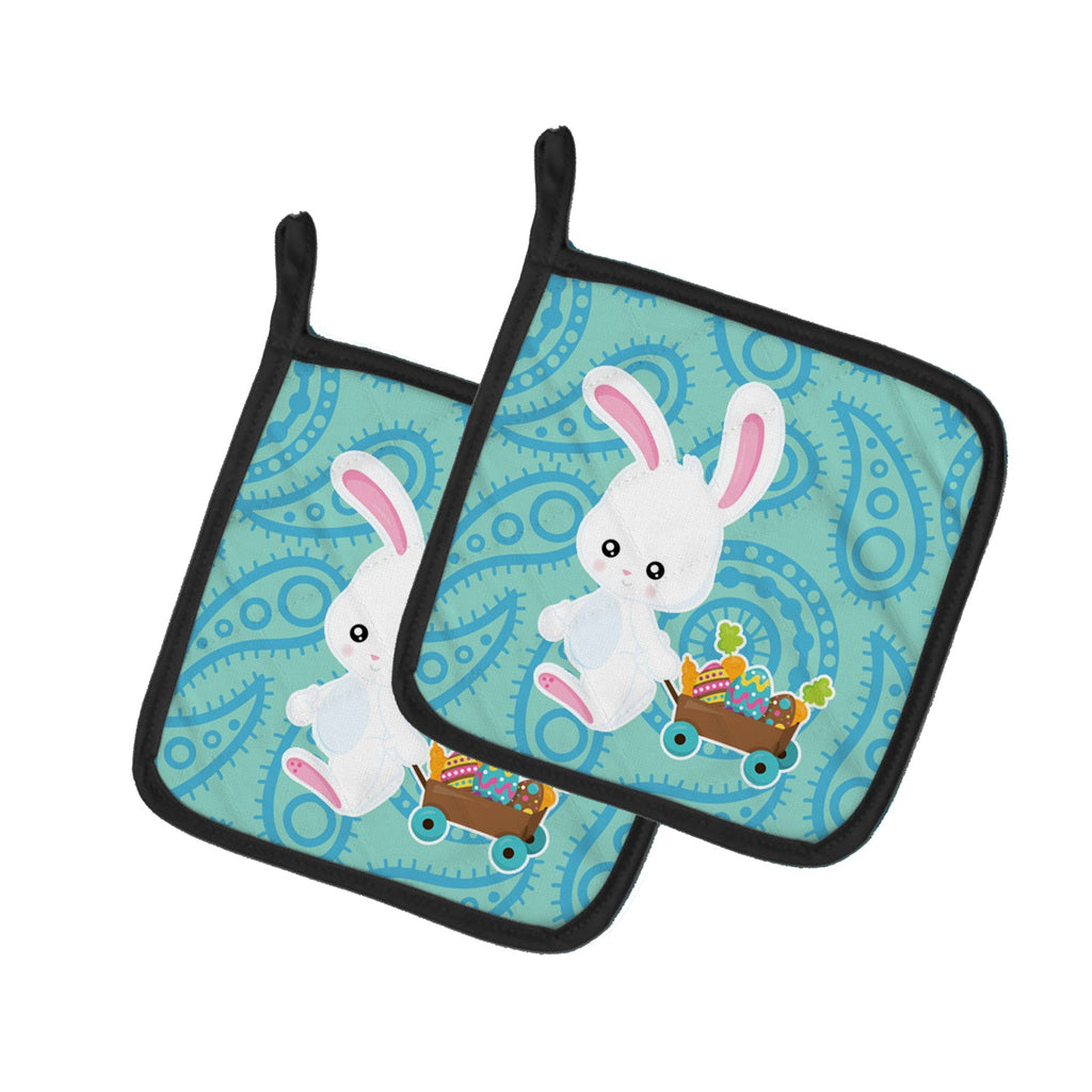 Easter Rabbit Paisley Blue Pot Holder Set of 2 Heat Resistant Quilted Hot Pads 7.5 x 7.5 Inch, Insulated Kitchen Trivets for Cooking & Baking