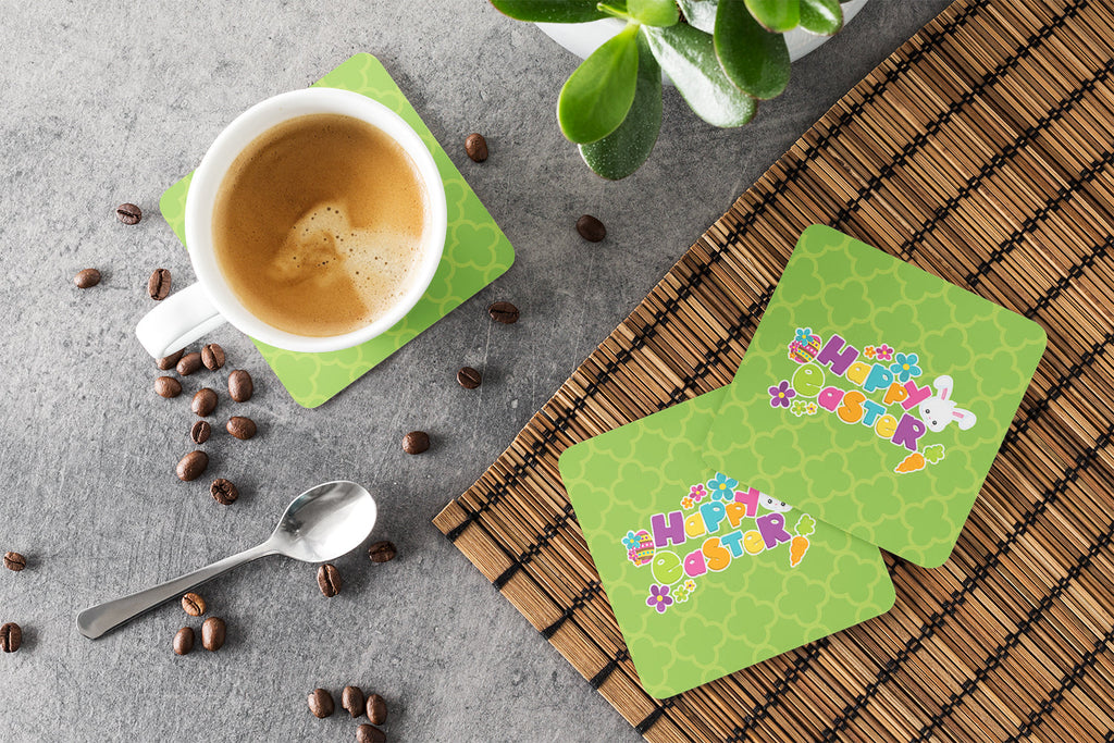 Happy Easter Green Quatrafoil Foam Coasters Set of 4 Cup Coasters for Indoor Outdoor, Tabletop Protection, Anti Slip, Mouse pad Material