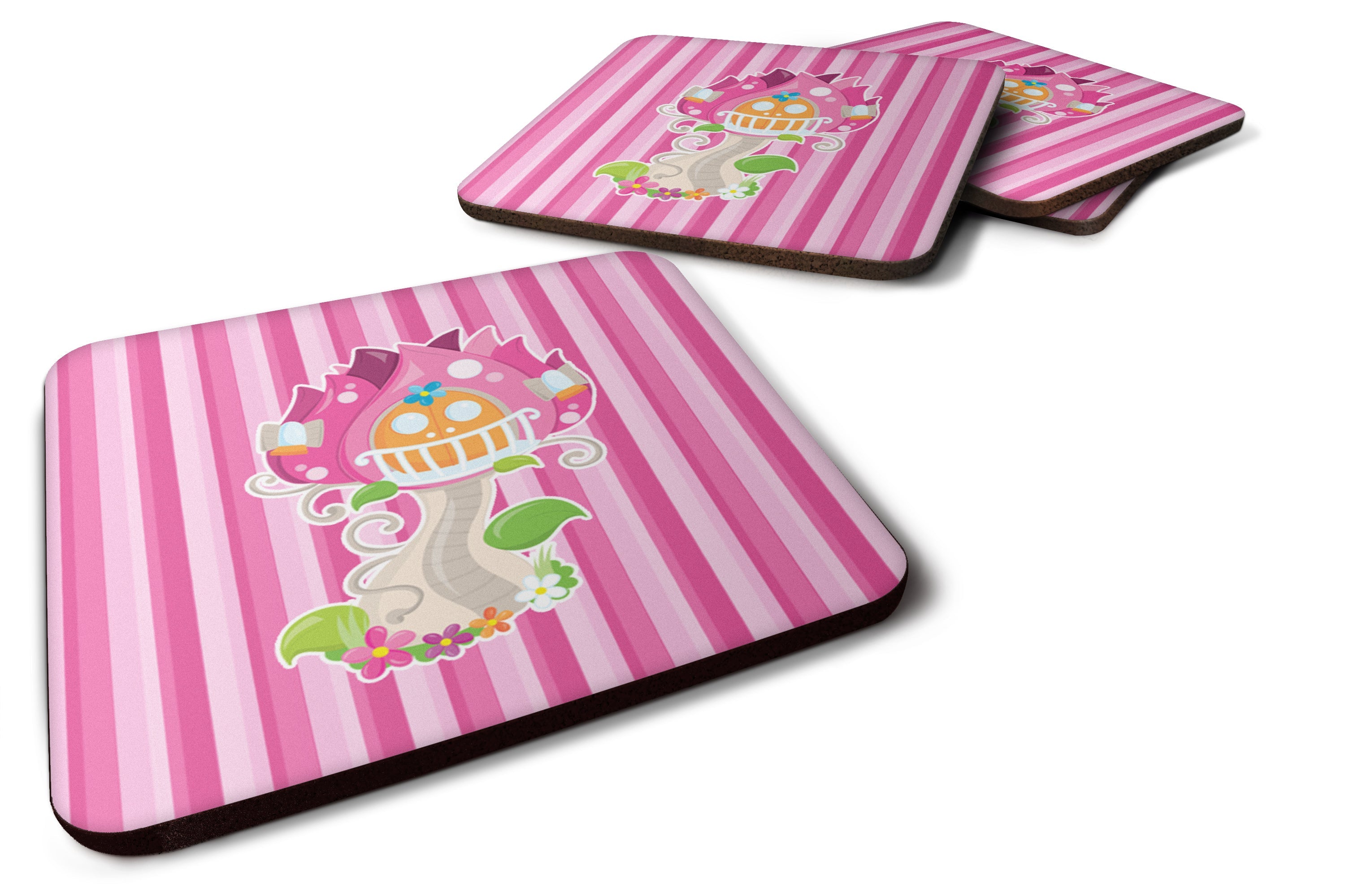 Fairy House Pink Stripes Foam Coasters Set of 4 Cup Coasters for Indoor Outdoor, Tabletop Protection, Anti Slip, Mouse pad Material