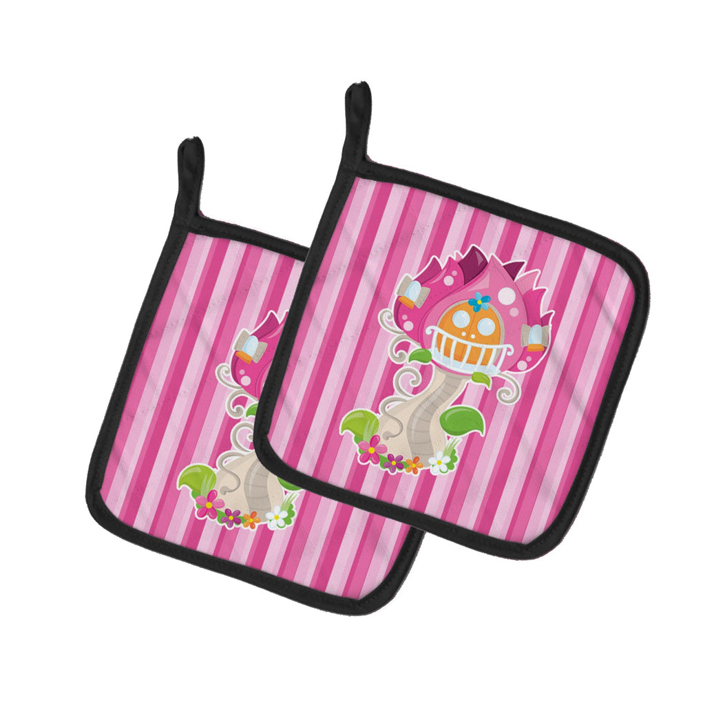 Fairy House Pink Stripes Pot Holder Set of 2 Heat Resistant Quilted Hot Pads 7.5 x 7.5 Inch, Insulated Kitchen Trivets for Cooking & Baking