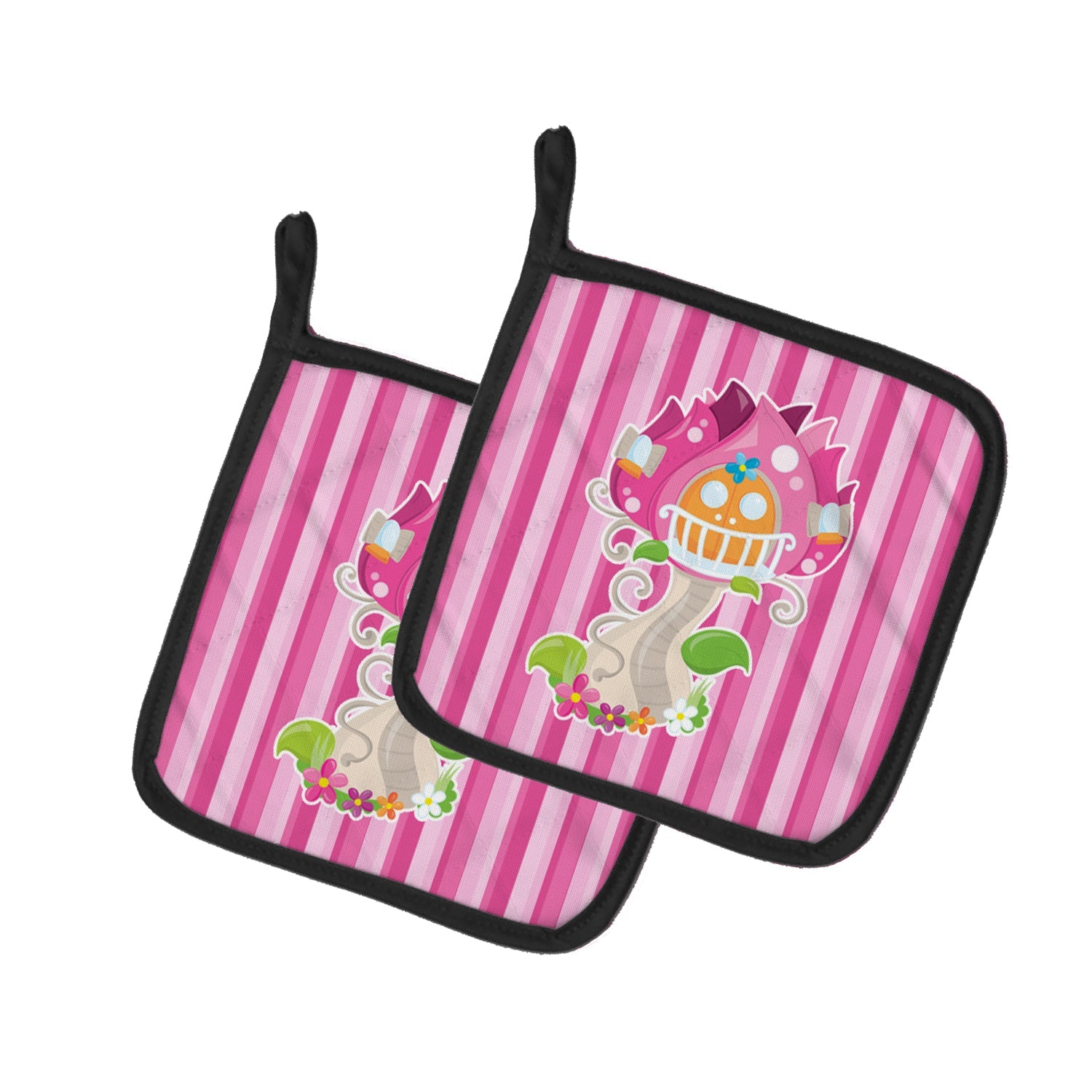 Fairy House Pink Stripes Pot Holder Set of 2 Heat Resistant Quilted Hot Pads 7.5 x 7.5 Inch, Insulated Kitchen Trivets for Cooking & Baking