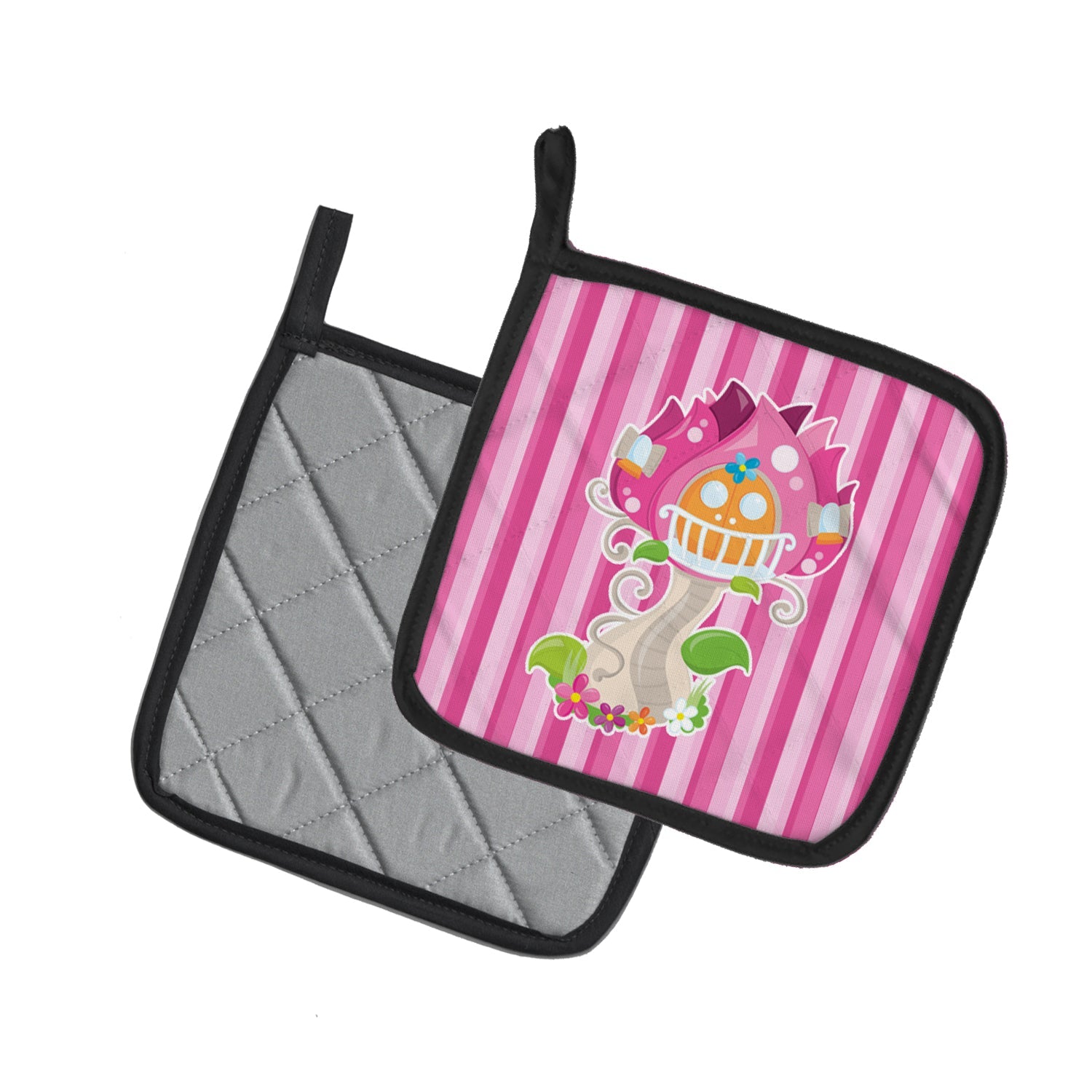 Fairy House Pink Stripes Pot Holder Set of 2 Heat Resistant Quilted Hot Pads 7.5 x 7.5 Inch, Insulated Kitchen Trivets for Cooking & Baking