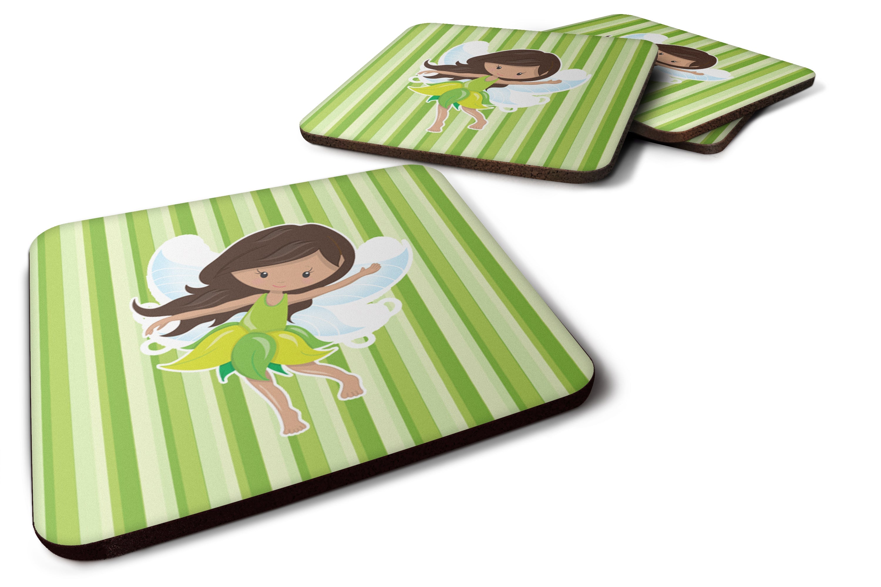 Fairy Green Stripes Foam Coasters Set of 4 Cup Coasters for Indoor Outdoor, Tabletop Protection, Anti Slip, Mouse pad Material