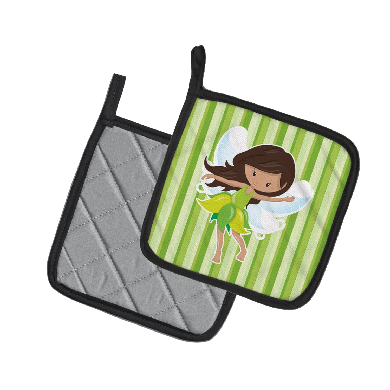 Fairy Green Stripes Pot Holder Set of 2 Heat Resistant Quilted Hot Pads 7.5 x 7.5 Inch, Insulated Kitchen Trivets for Cooking & Baking