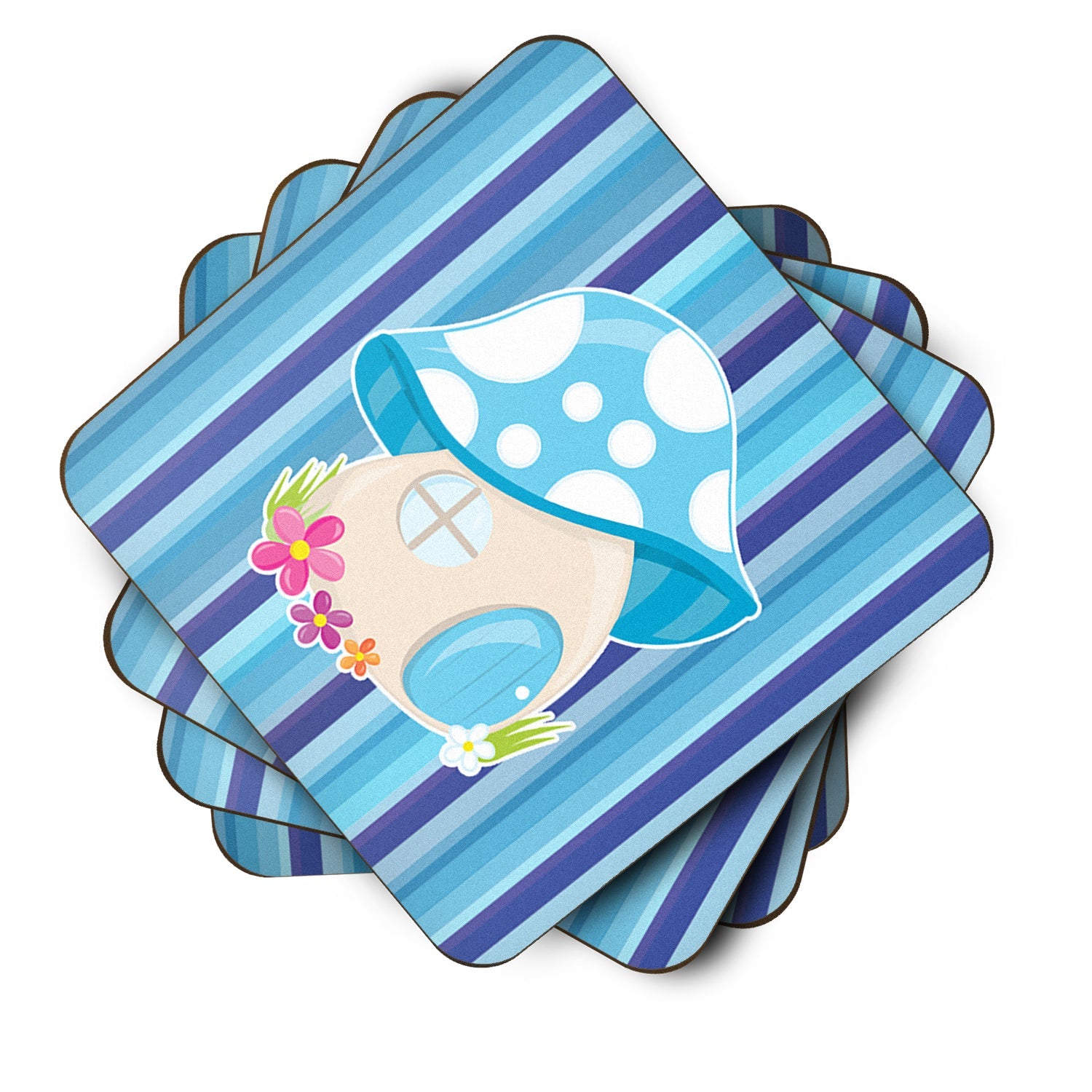 Fairy House Blue Stripes Foam Coasters Set of 4 Cup Coasters for Indoor Outdoor, Tabletop Protection, Anti Slip, Mouse pad Material