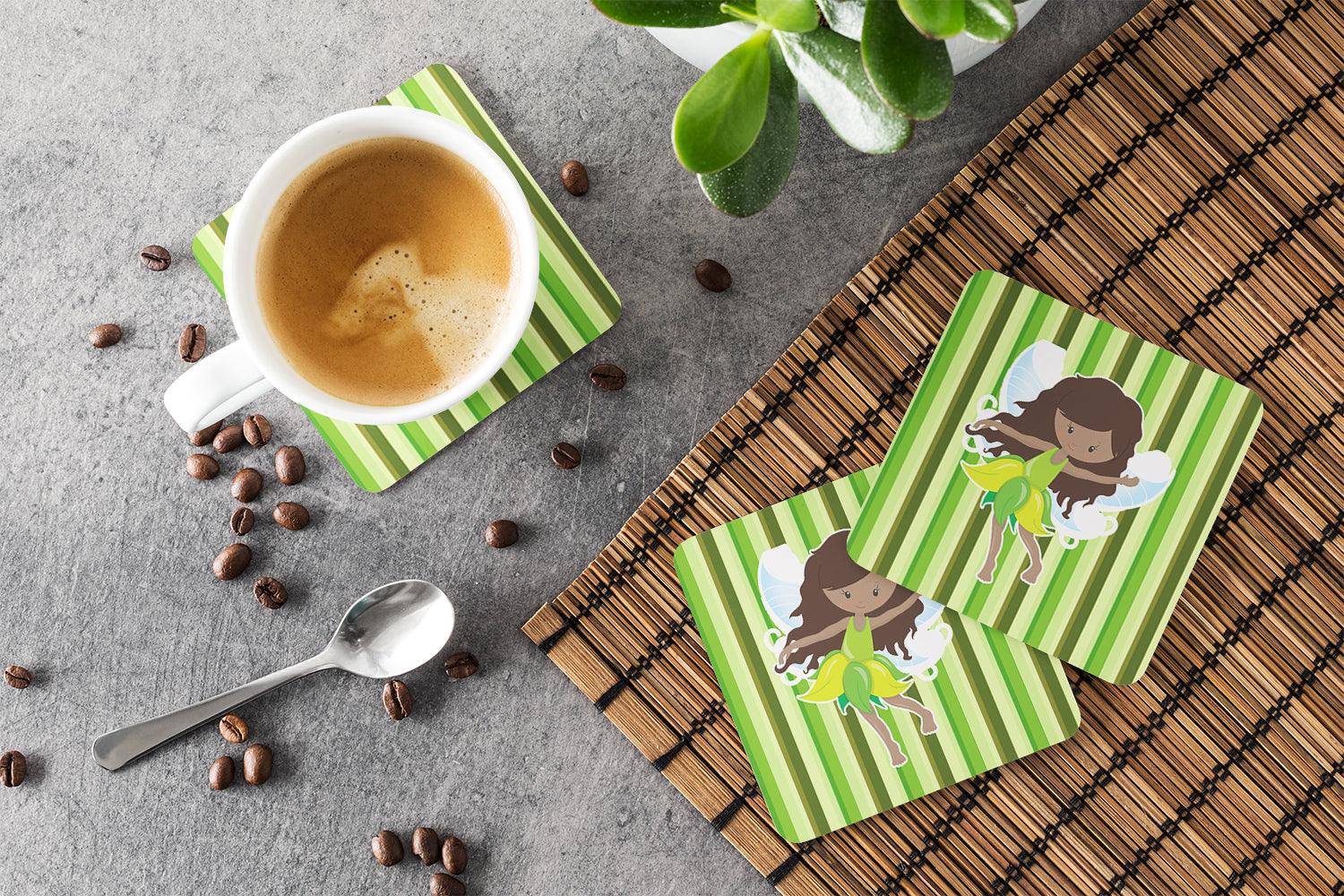 Fairy Green Stripes Foam Coasters Set of 4 Cup Coasters for Indoor Outdoor, Tabletop Protection, Anti Slip, Mouse pad Material
