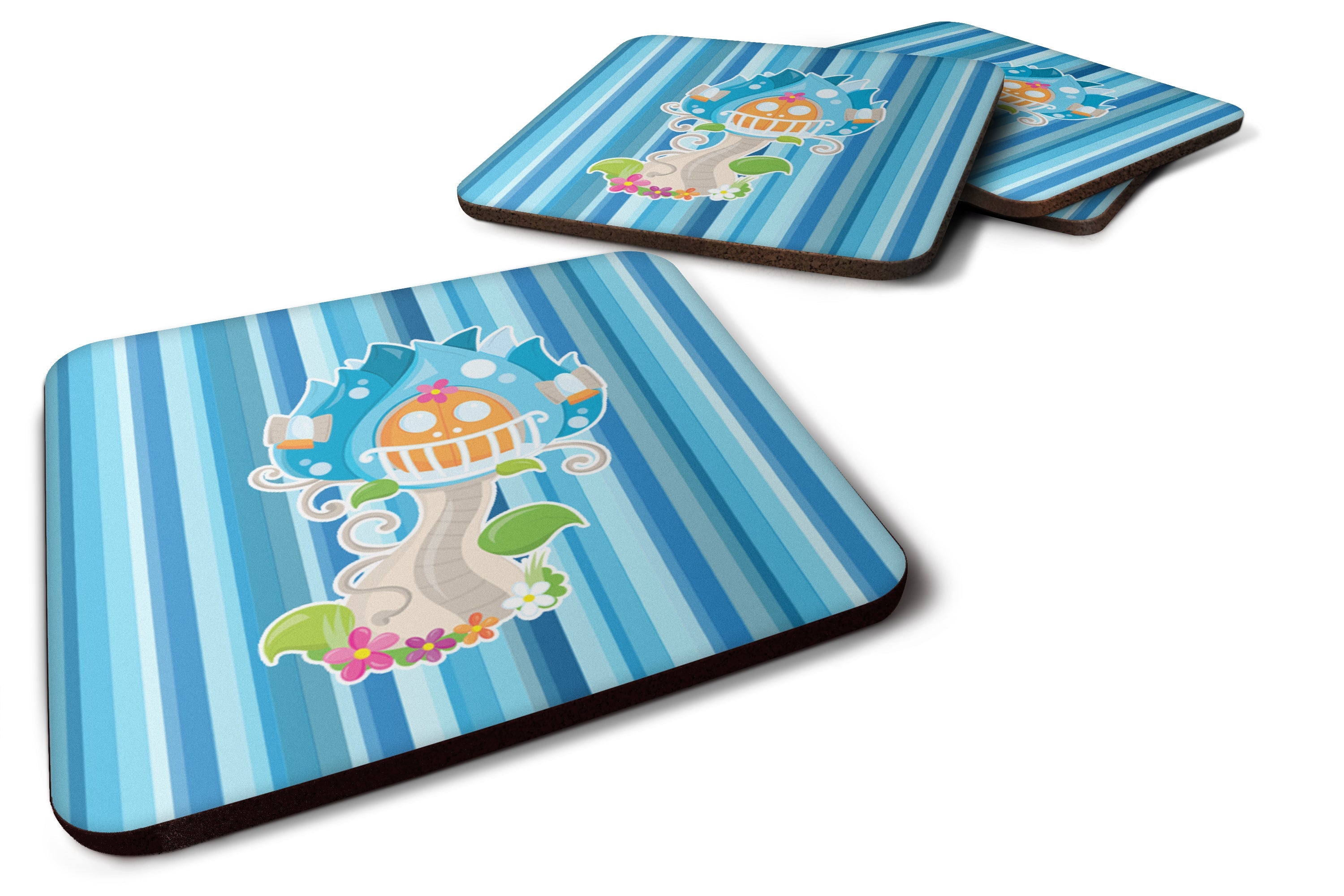 Fairy House Blue Stripes Foam Coasters Set of 4 Cup Coasters for Indoor Outdoor, Tabletop Protection, Anti Slip, Mouse pad Material