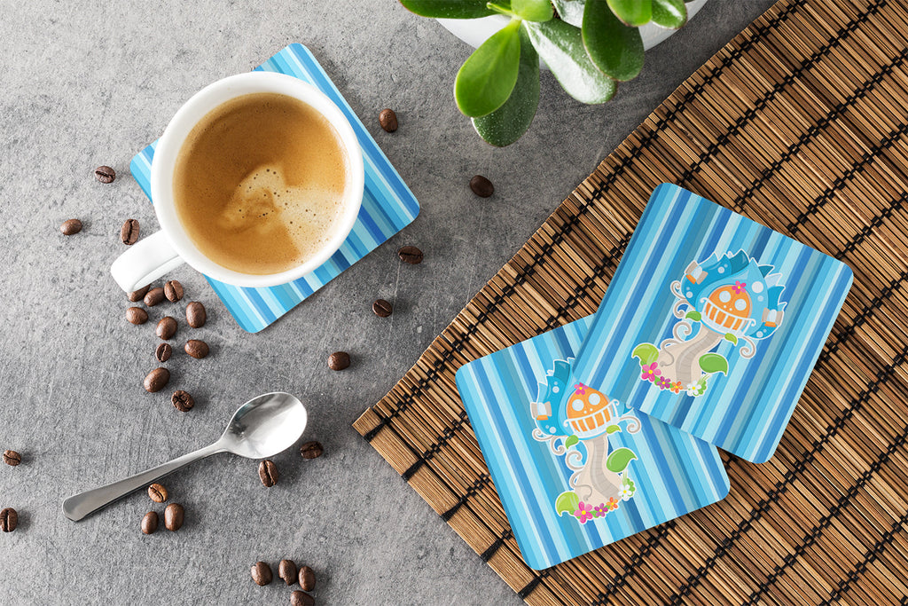 Fairy House Blue Stripes Foam Coasters Set of 4 Cup Coasters for Indoor Outdoor, Tabletop Protection, Anti Slip, Mouse pad Material