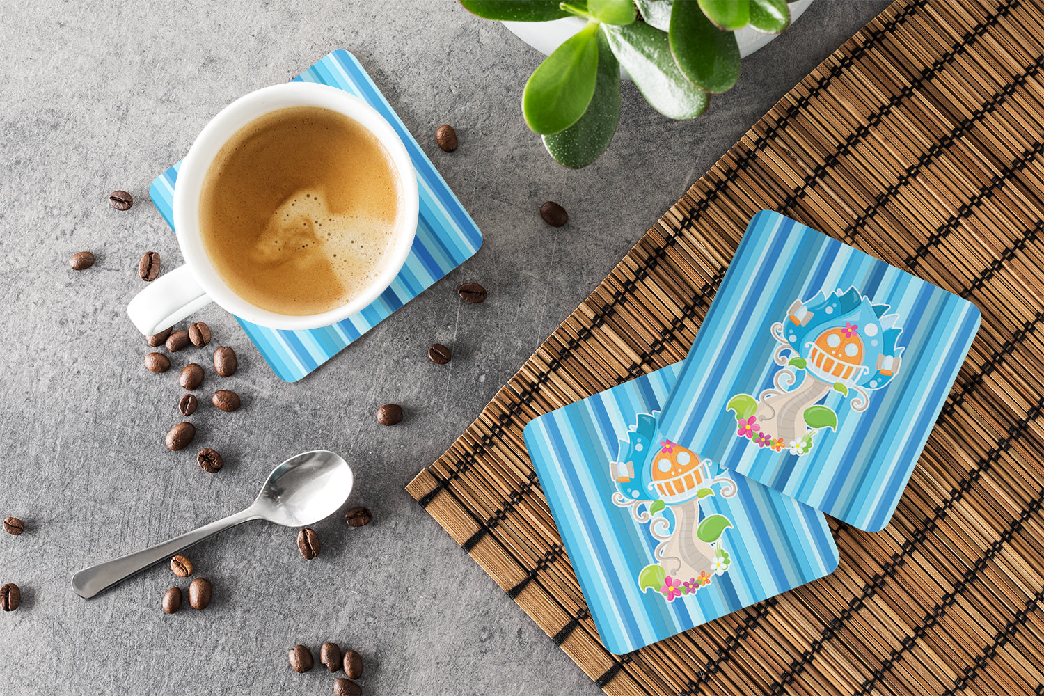 Fairy House Blue Stripes Foam Coasters Set of 4 Cup Coasters for Indoor Outdoor, Tabletop Protection, Anti Slip, Mouse pad Material
