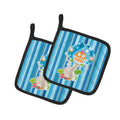 Fairy House Blue Stripes Pot Holder Set of 2 Heat Resistant Quilted Hot Pads 7.5 x 7.5 Inch, Insulated Kitchen Trivets for Cooking & Baking