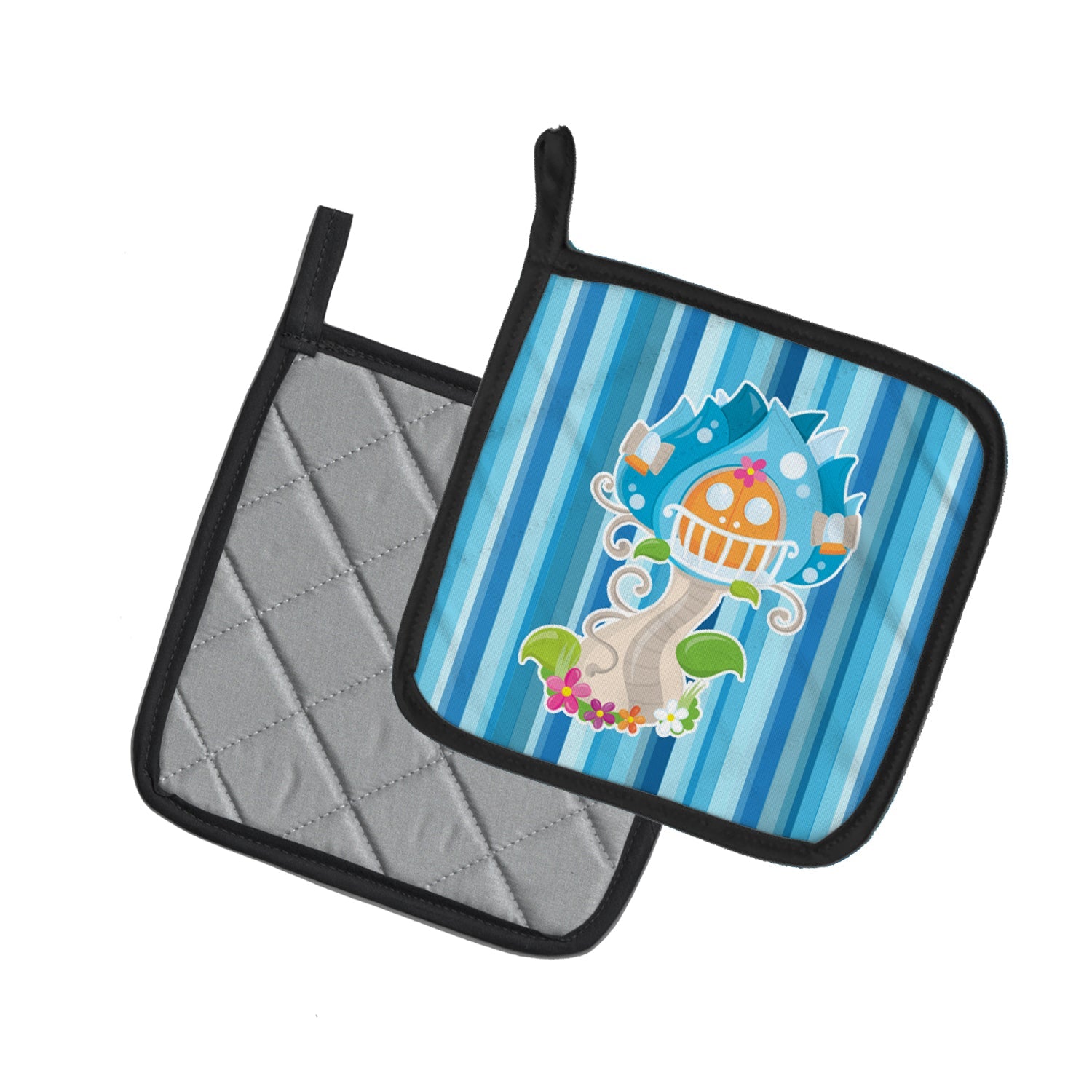 Fairy House Blue Stripes Pot Holder Set of 2 Heat Resistant Quilted Hot Pads 7.5 x 7.5 Inch, Insulated Kitchen Trivets for Cooking & Baking