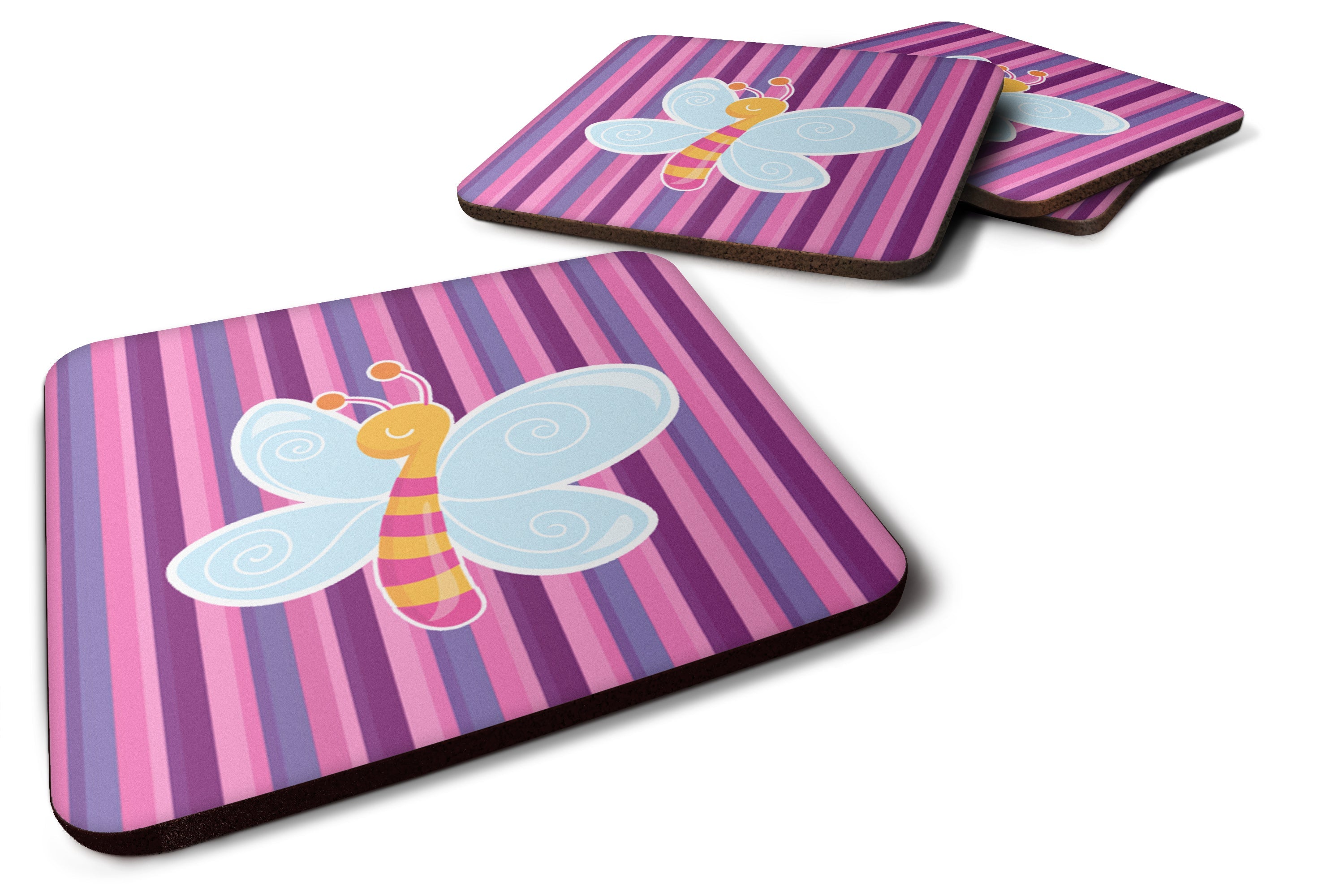 Dragonfly in Pink Stripes Foam Coasters Set of 4 Cup Coasters for Indoor Outdoor, Tabletop Protection, Anti Slip, Mouse pad Material