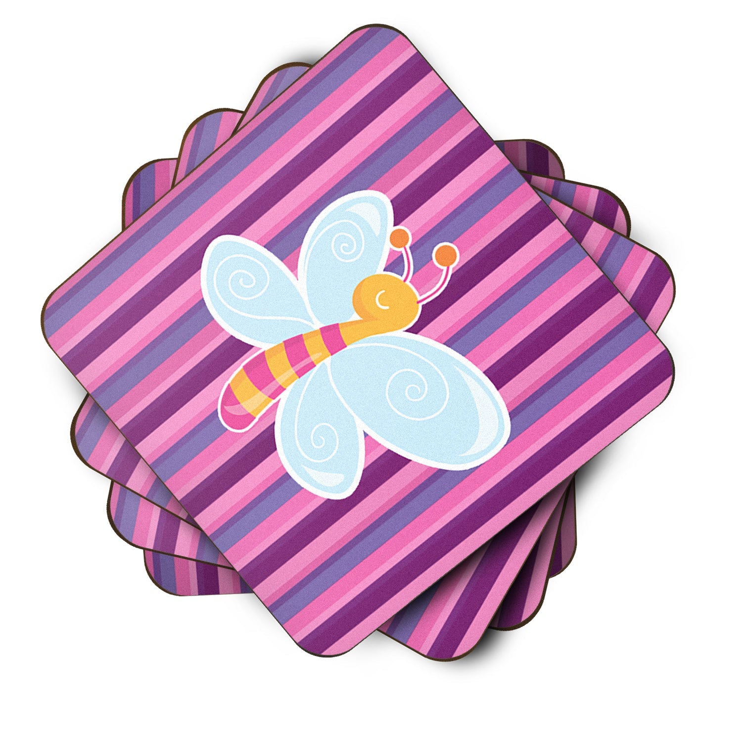 Dragonfly in Pink Stripes Foam Coasters Set of 4 Cup Coasters for Indoor Outdoor, Tabletop Protection, Anti Slip, Mouse pad Material