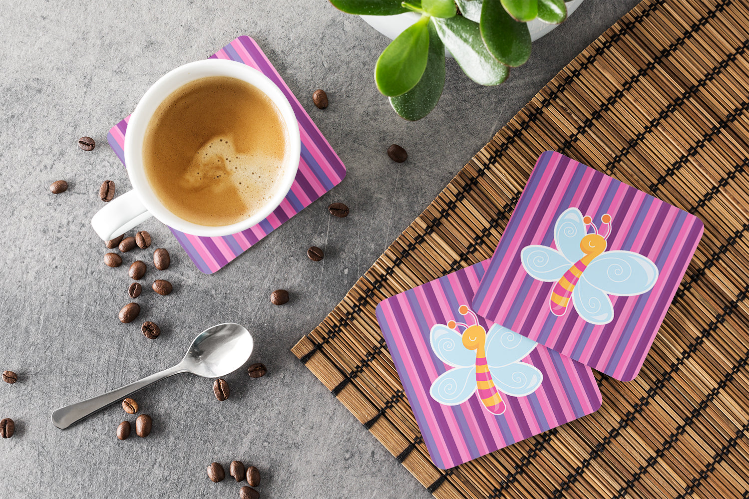 Dragonfly in Pink Stripes Foam Coasters Set of 4 Cup Coasters for Indoor Outdoor, Tabletop Protection, Anti Slip, Mouse pad Material
