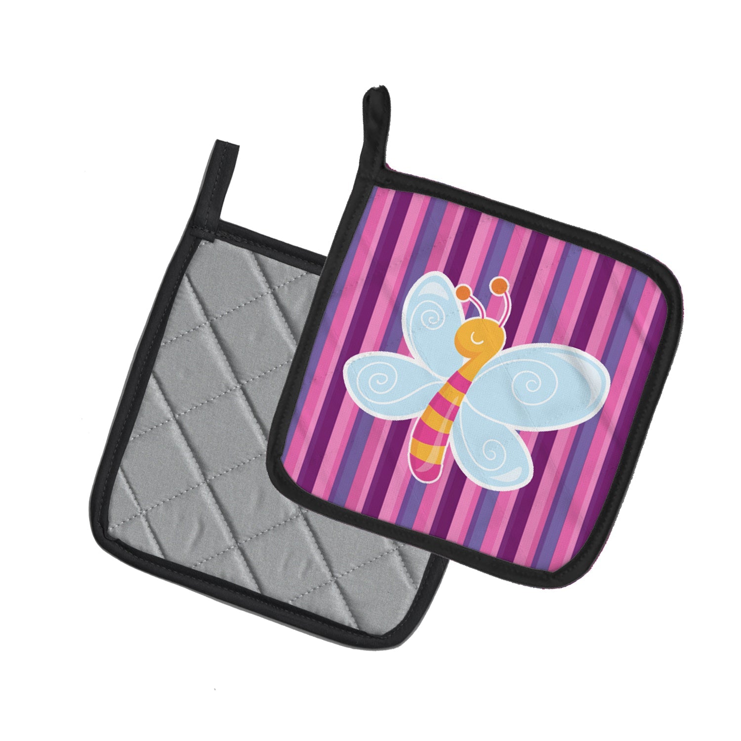 Dragonfly in Pink Stripes Pot Holder Set of 2 Heat Resistant Quilted Hot Pads 7.5 x 7.5 Inch, Insulated Kitchen Trivets for Cooking & Baking