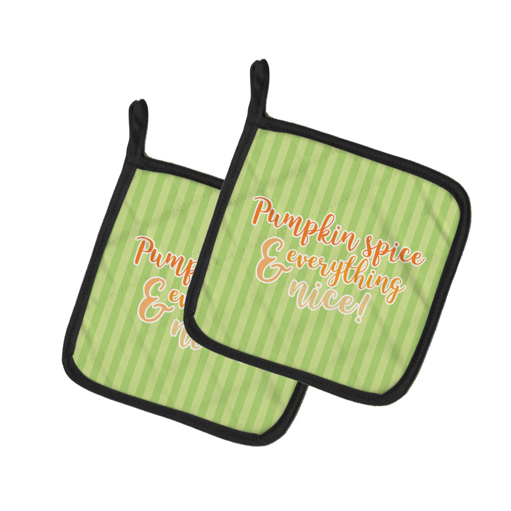 Fall Pumpkin Spice Green Stripe Pot Holder Set of 2 Heat Resistant Quilted Hot Pads 7.5 x 7.5 Inch, Insulated Kitchen Trivets for Cooking & Baking