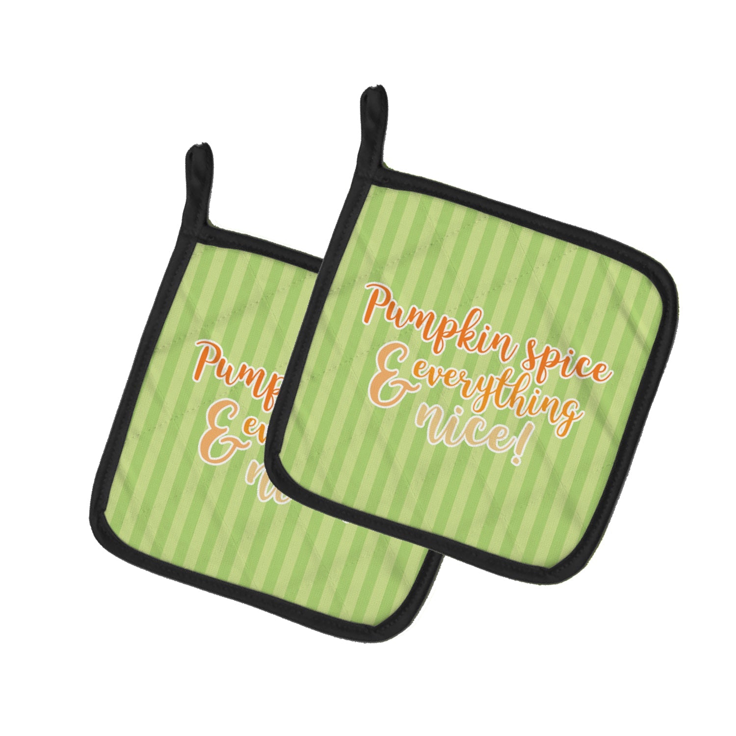 Fall Pumpkin Spice Green Stripe Pot Holder Set of 2 Heat Resistant Quilted Hot Pads 7.5 x 7.5 Inch, Insulated Kitchen Trivets for Cooking & Baking