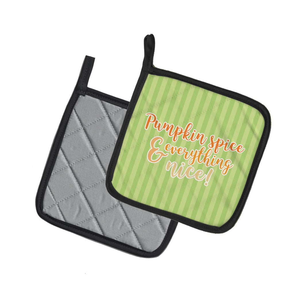 Fall Pumpkin Spice Green Stripe Pot Holder Set of 2 Heat Resistant Quilted Hot Pads 7.5 x 7.5 Inch, Insulated Kitchen Trivets for Cooking & Baking