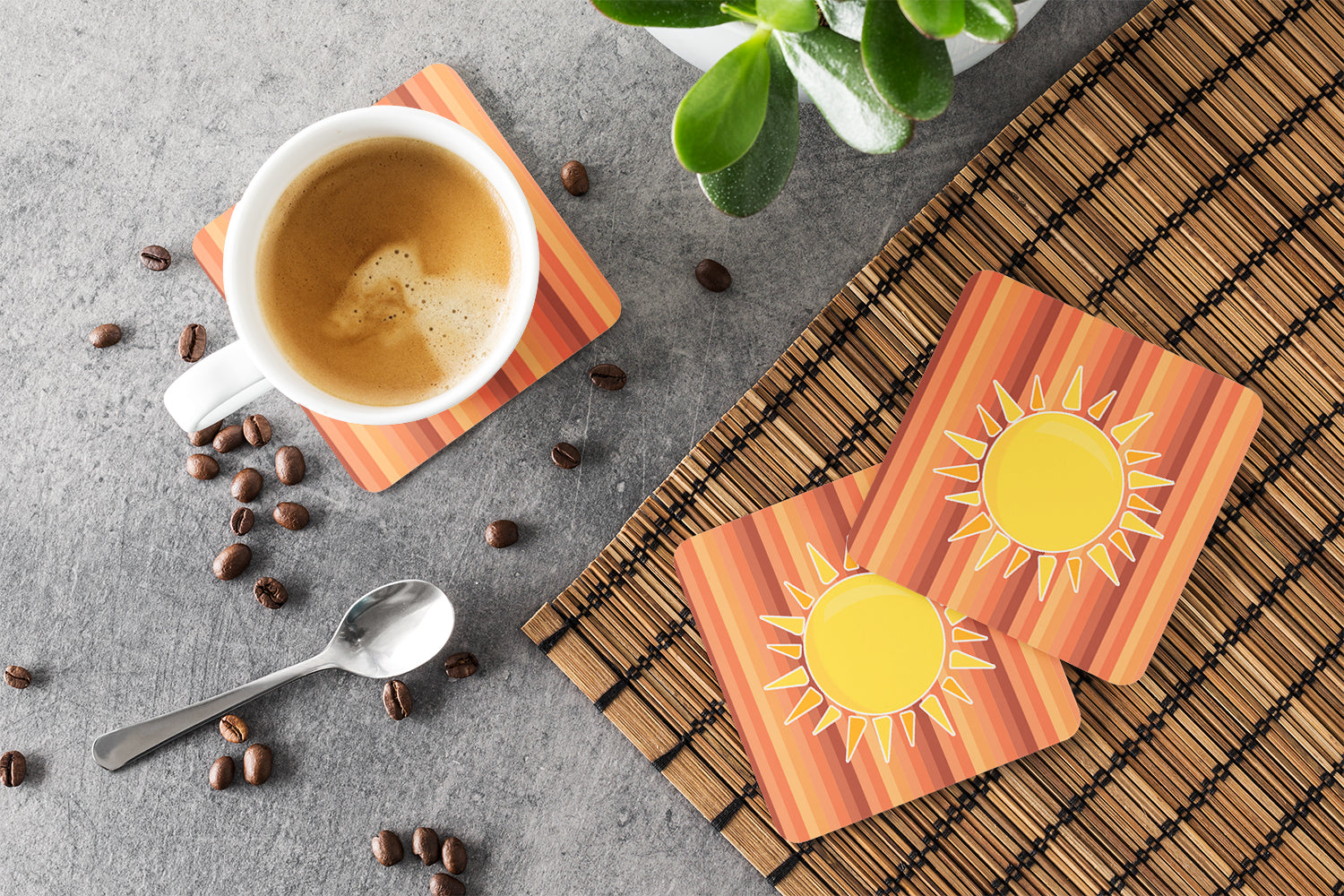 Sun with Stripes Foam Coasters Set of 4 Cup Coasters for Indoor Outdoor, Tabletop Protection, Anti Slip, Mouse pad Material