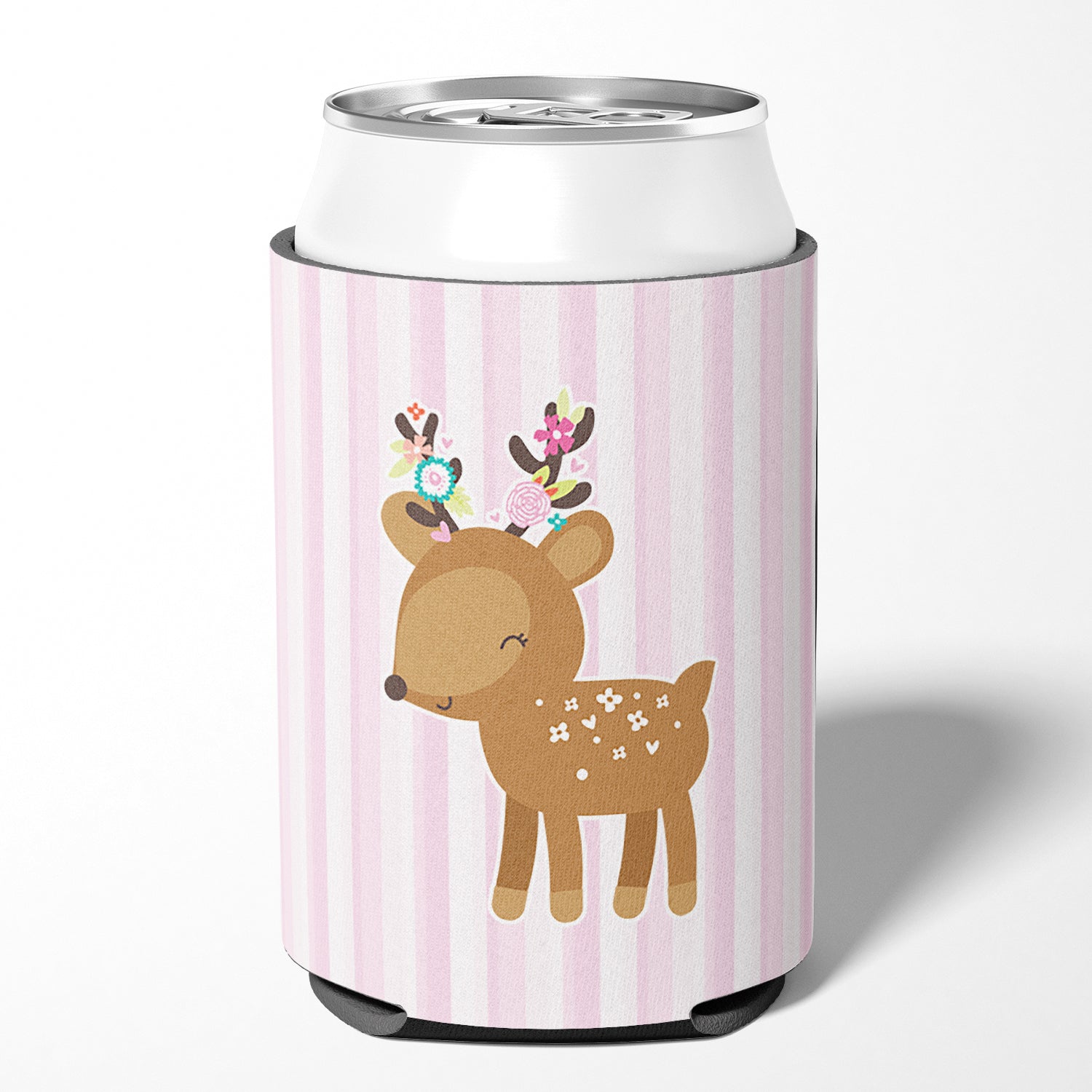 Deer in Pink Stripes Can or Bottle Hugger Cooler Sleeve for Standard 12 oz Cans, Insulated Foam Beer & Soda Can Hugger Reusable