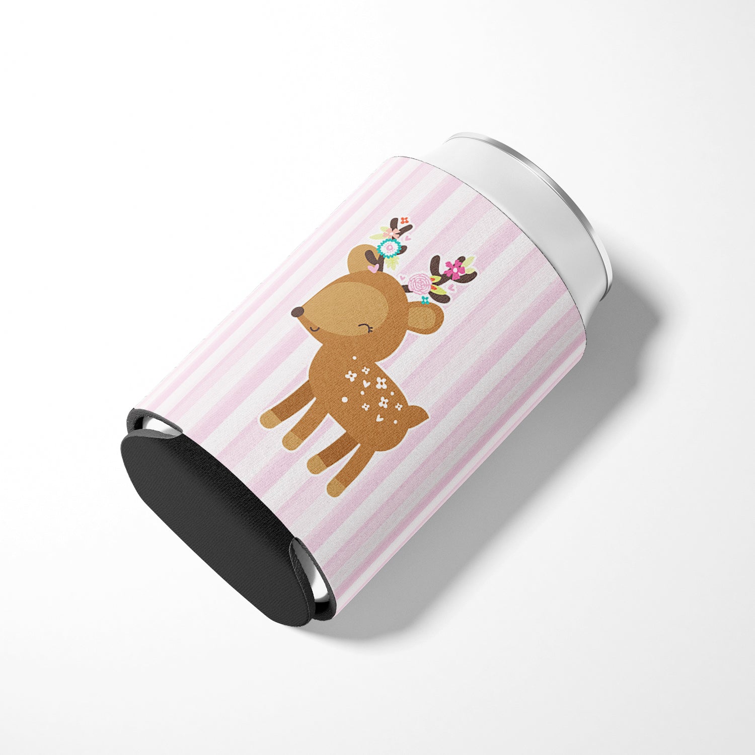 Deer in Pink Stripes Can or Bottle Hugger Cooler Sleeve for Standard 12 oz Cans, Insulated Foam Beer & Soda Can Hugger Reusable
