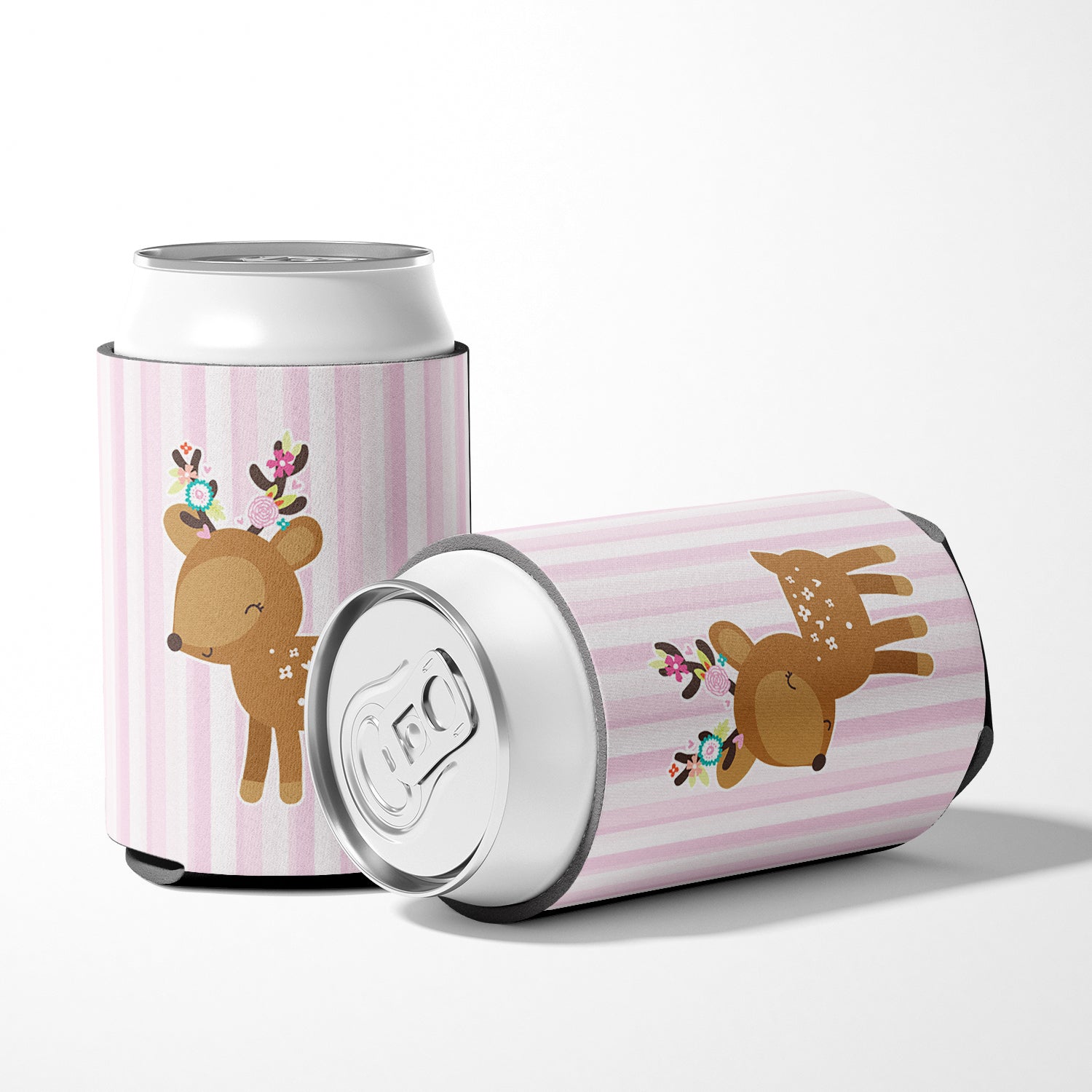 Deer in Pink Stripes Can or Bottle Hugger Cooler Sleeve for Standard 12 oz Cans, Insulated Foam Beer & Soda Can Hugger Reusable