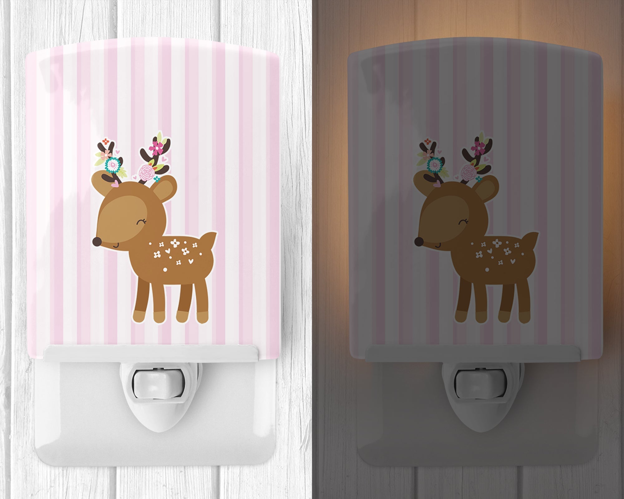 Deer in Pink Stripes Ceramic Night Light Compact, UL-Certified, Ideal for Bedroom, Bathroom, Nursery, Hallway, Kitchen, 6x4x3, Multicolor