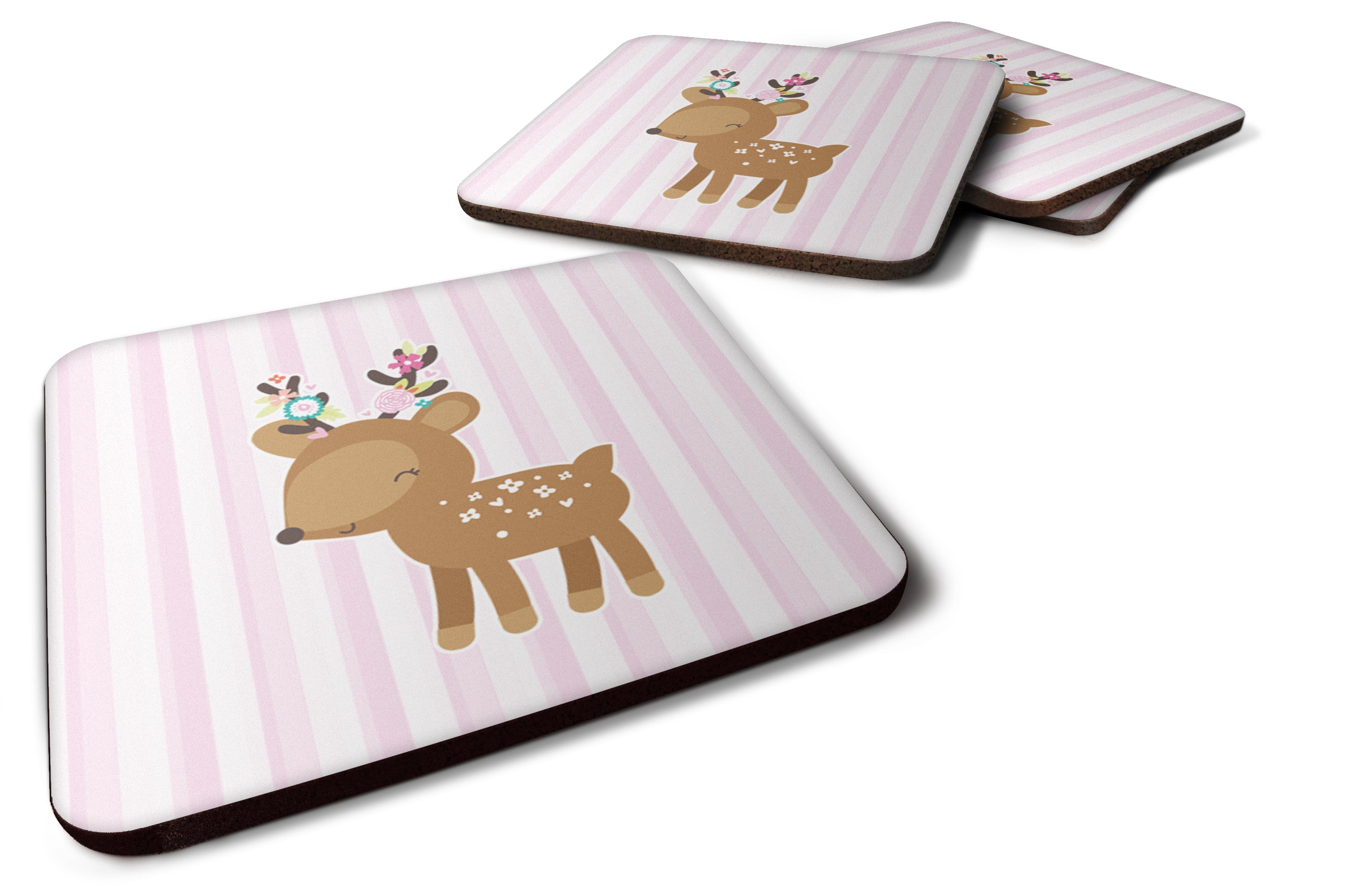 Deer in Pink Stripes Foam Coasters Set of 4 Cup Coasters for Indoor Outdoor, Tabletop Protection, Anti Slip, Mouse pad Material