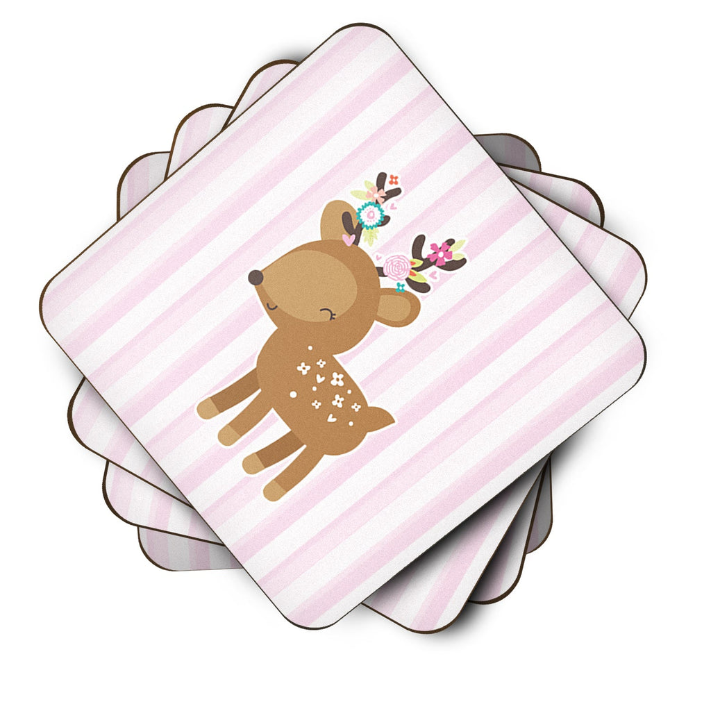 Deer in Pink Stripes Foam Coasters Set of 4 Cup Coasters for Indoor Outdoor, Tabletop Protection, Anti Slip, Mouse pad Material