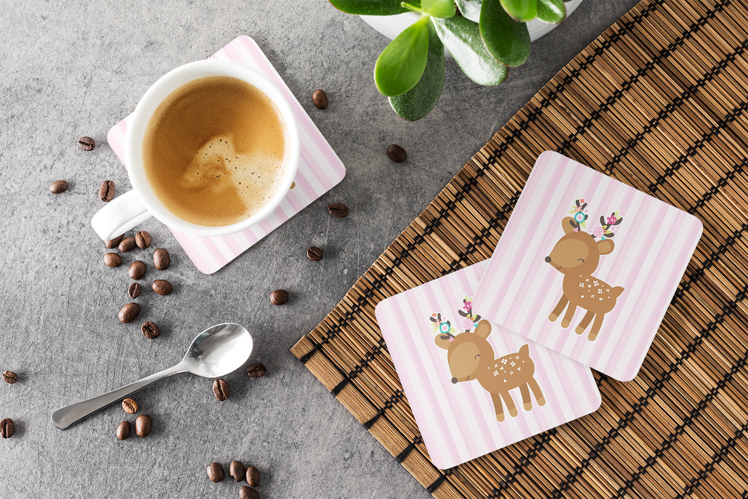 Deer in Pink Stripes Foam Coasters Set of 4 Cup Coasters for Indoor Outdoor, Tabletop Protection, Anti Slip, Mouse pad Material
