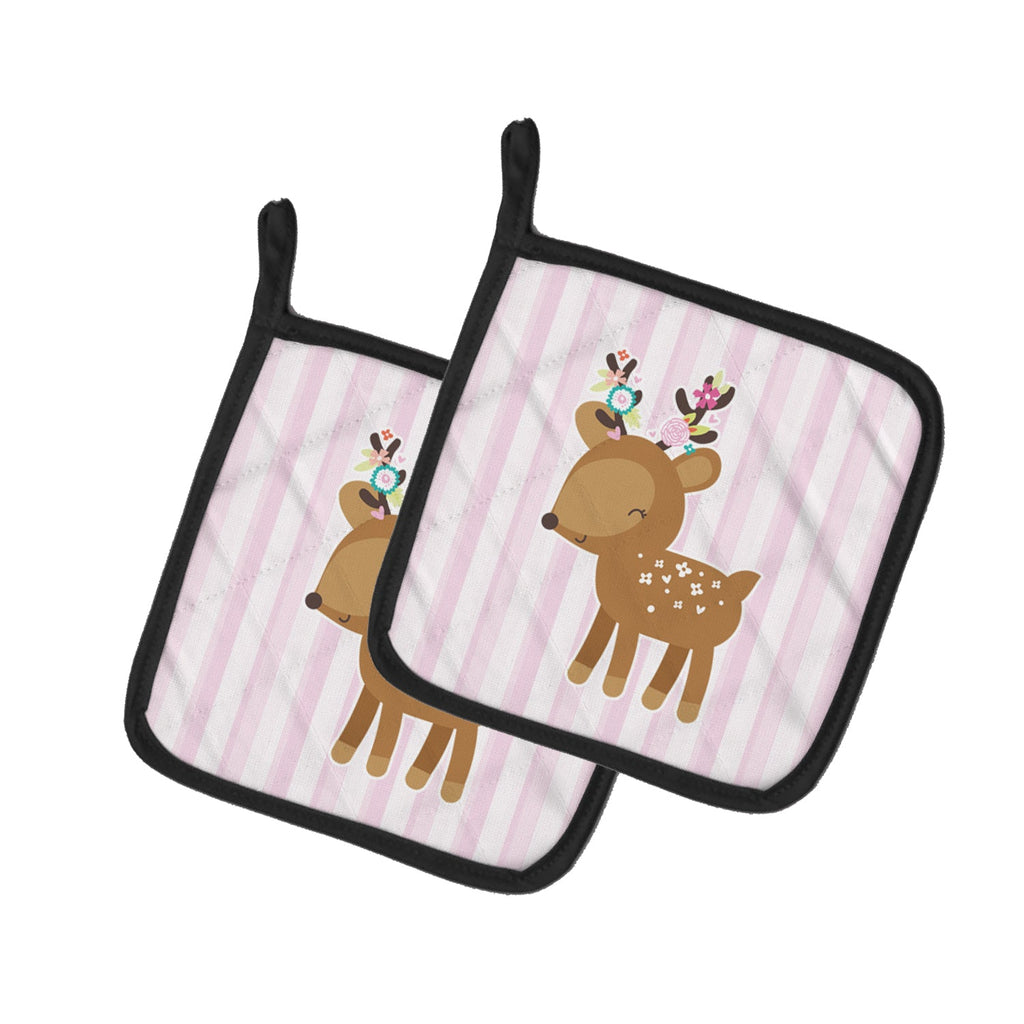 Deer in Pink Stripes Pot Holder Set of 2 Heat Resistant Quilted Hot Pads 7.5 x 7.5 Inch, Insulated Kitchen Trivets for Cooking & Baking