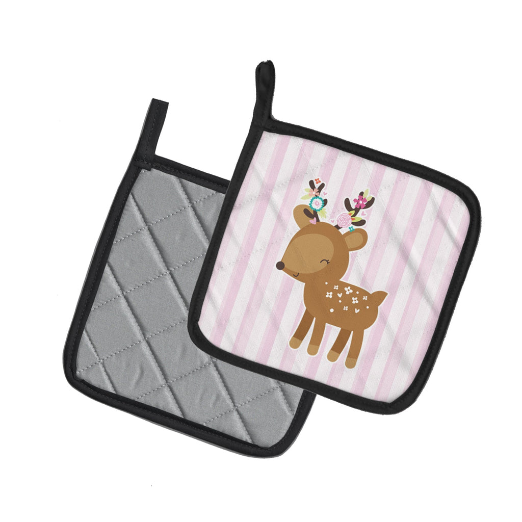 Deer in Pink Stripes Pot Holder Set of 2 Heat Resistant Quilted Hot Pads 7.5 x 7.5 Inch, Insulated Kitchen Trivets for Cooking & Baking