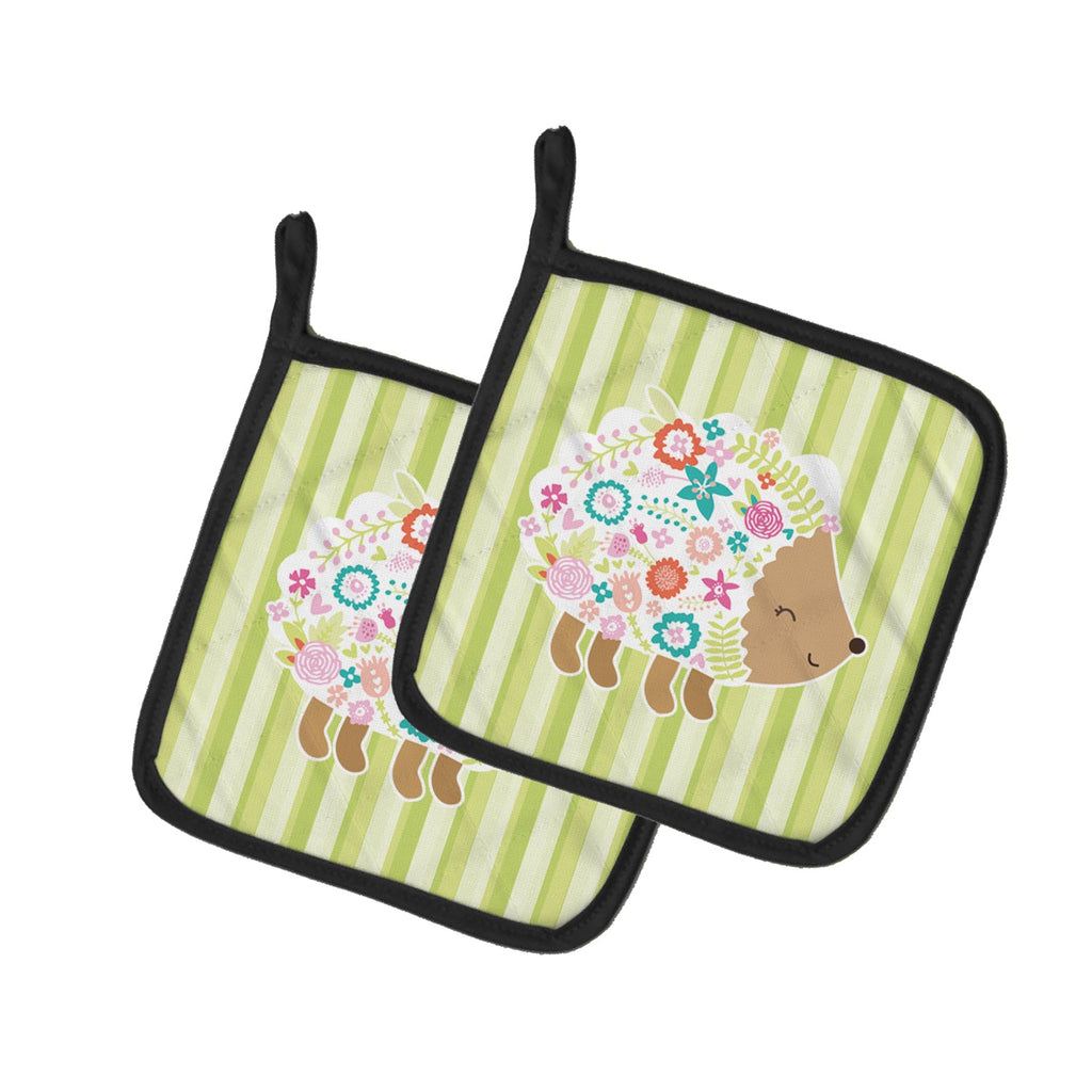 Flowered Hedgehog Pot Holder Set of 2 Heat Resistant Quilted Hot Pads 7.5 x 7.5 Inch, Insulated Kitchen Trivets for Cooking & Baking