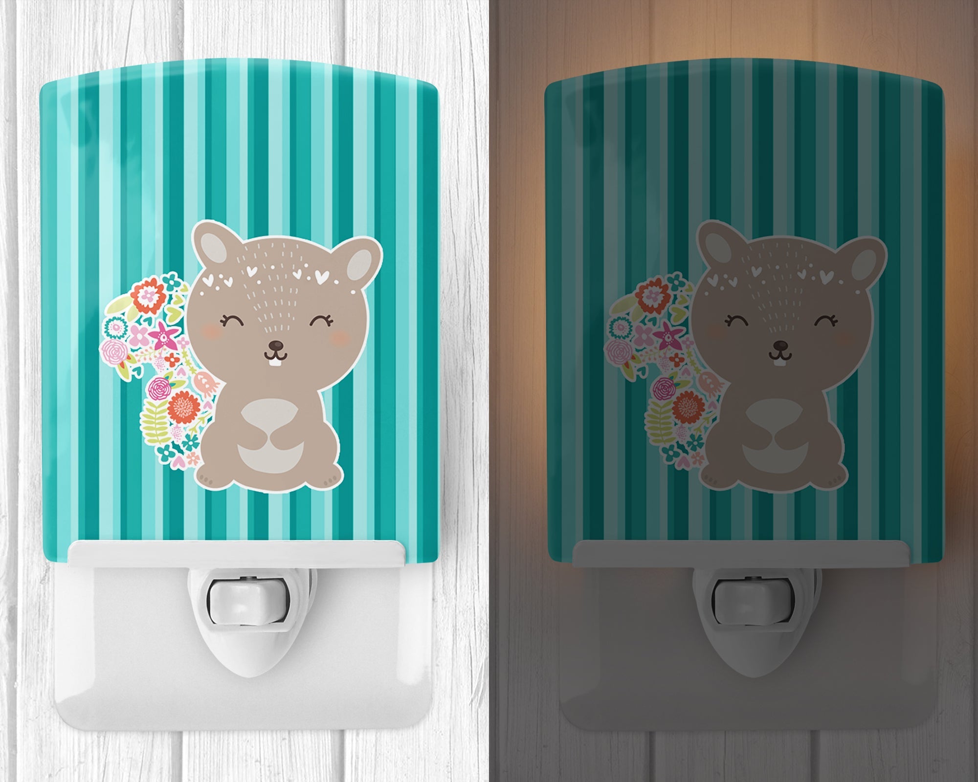 Flowered Squirrel Ceramic Night Light Compact, UL-Certified, Ideal for Bedroom, Bathroom, Nursery, Hallway, Kitchen, 6x4x3, Multicolor
