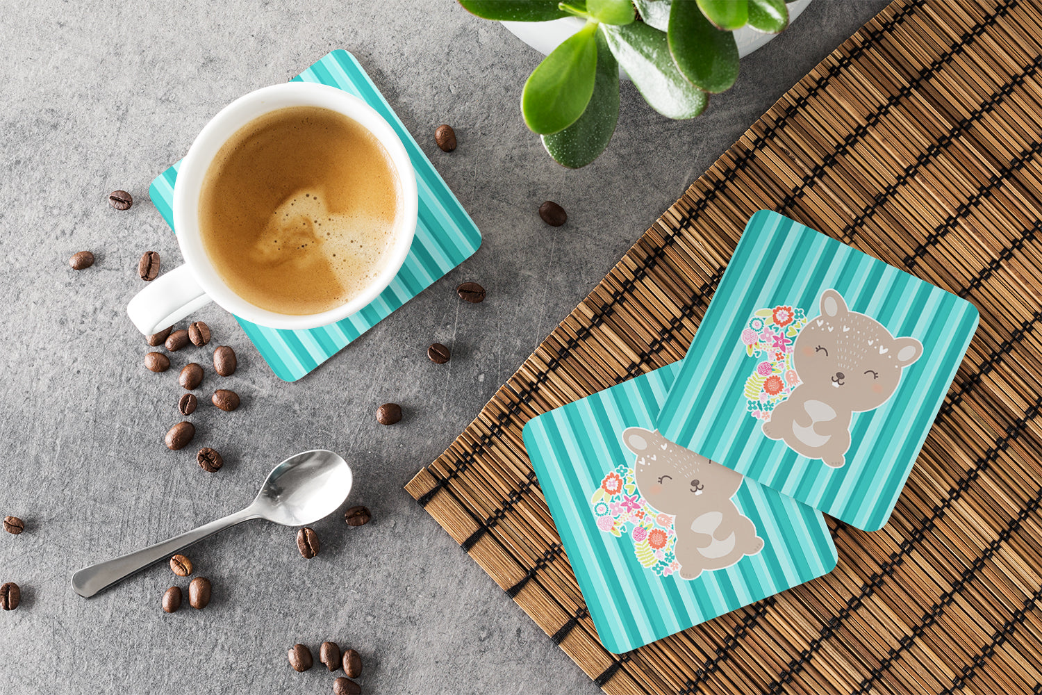 Flowered Squirrel Foam Coasters Set of 4 Cup Coasters for Indoor Outdoor, Tabletop Protection, Anti Slip, Mouse pad Material