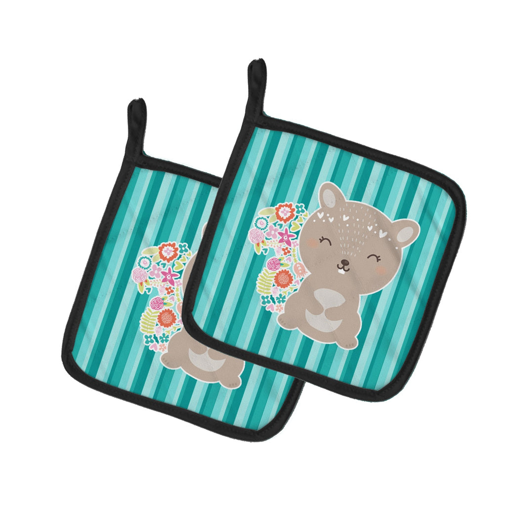 Flowered Squirrel Pot Holder Set of 2 Heat Resistant Quilted Hot Pads 7.5 x 7.5 Inch, Insulated Kitchen Trivets for Cooking & Baking