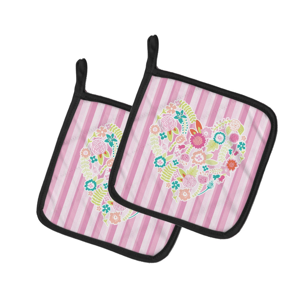 Flowered Heart Pot Holder Set of 2 Heat Resistant Quilted Hot Pads 7.5 x 7.5 Inch, Insulated Kitchen Trivets for Cooking & Baking