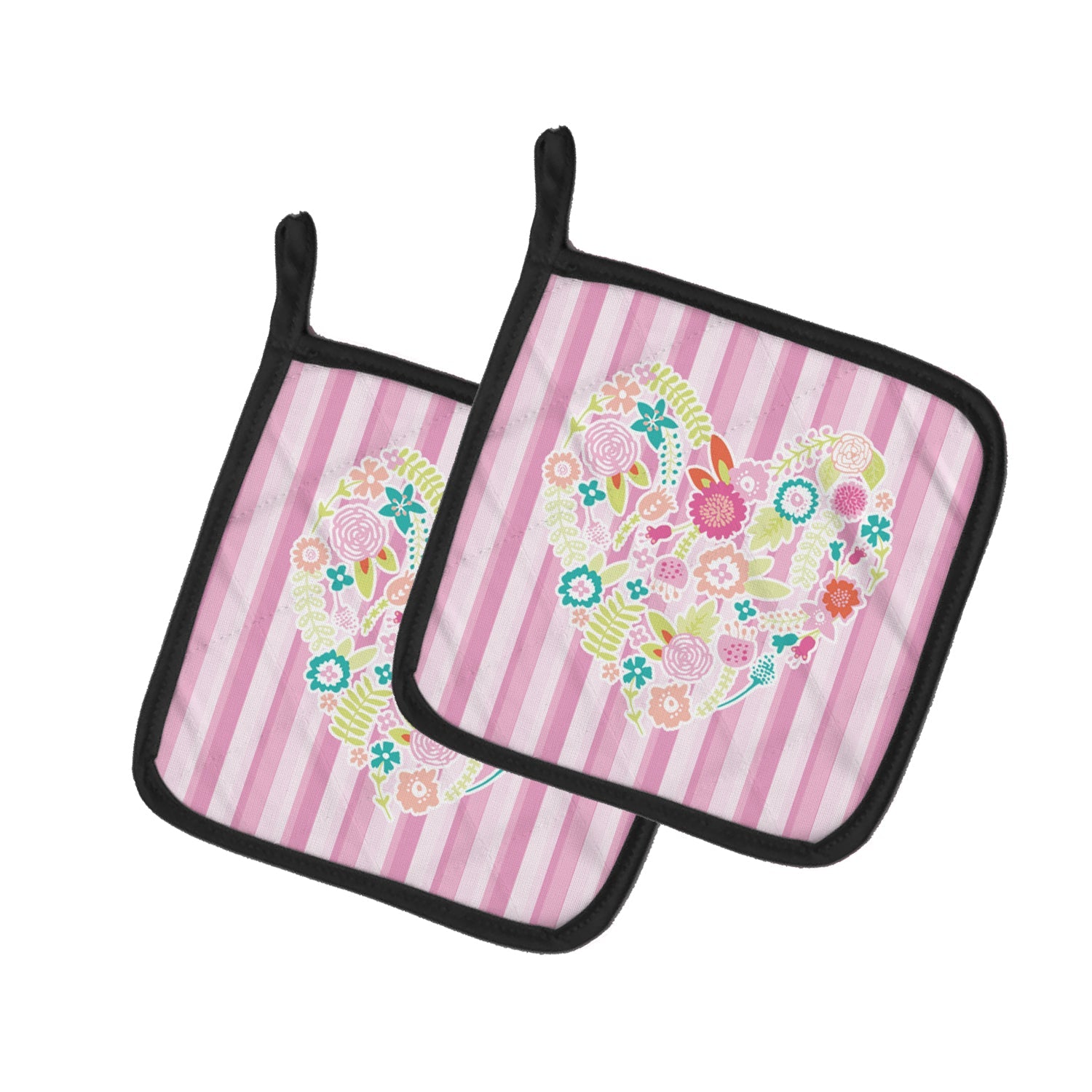 Flowered Heart Pot Holder Set of 2 Heat Resistant Quilted Hot Pads 7.5 x 7.5 Inch, Insulated Kitchen Trivets for Cooking & Baking