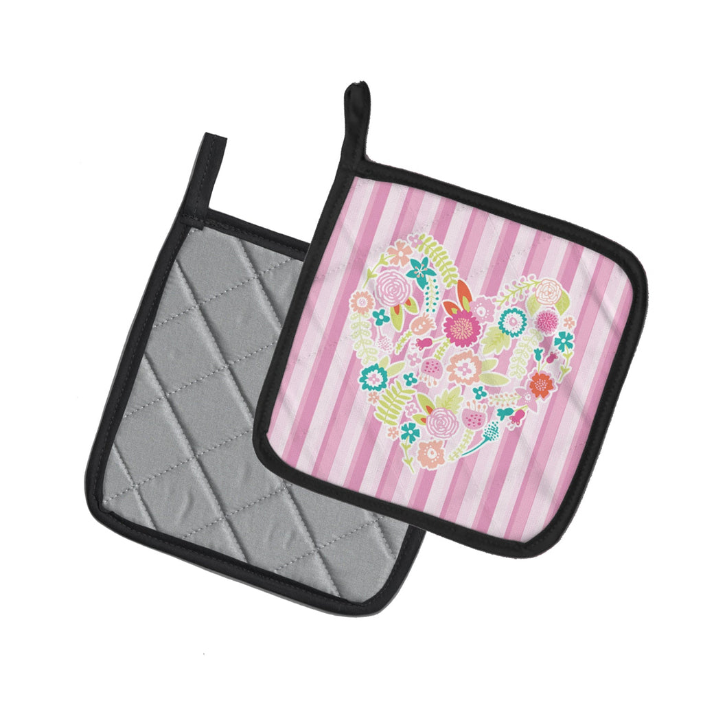Flowered Heart Pot Holder Set of 2 Heat Resistant Quilted Hot Pads 7.5 x 7.5 Inch, Insulated Kitchen Trivets for Cooking & Baking