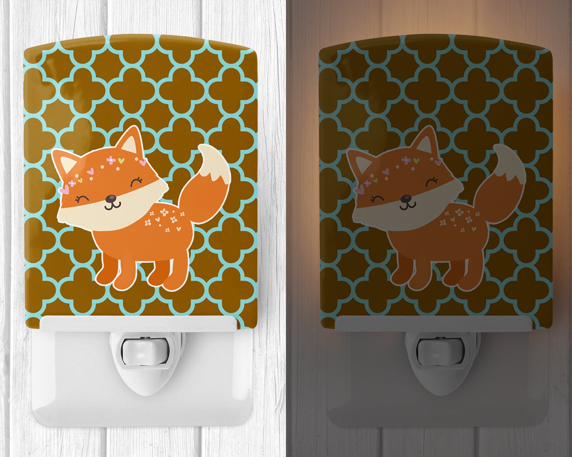 Fox on Quatrafoil Ceramic Night Light Compact, UL-Certified, Ideal for Bedroom, Bathroom, Nursery, Hallway, Kitchen, 6x4x3, Multicolor