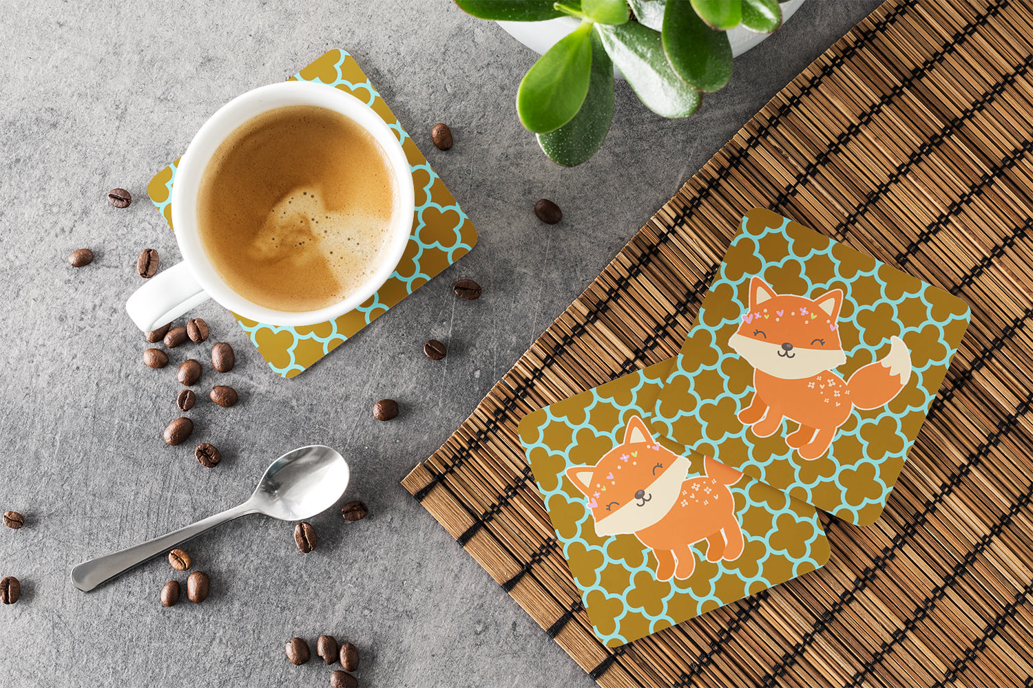 Fox on Quatrafoil Foam Coasters Set of 4 Cup Coasters for Indoor Outdoor, Tabletop Protection, Anti Slip, Mouse pad Material