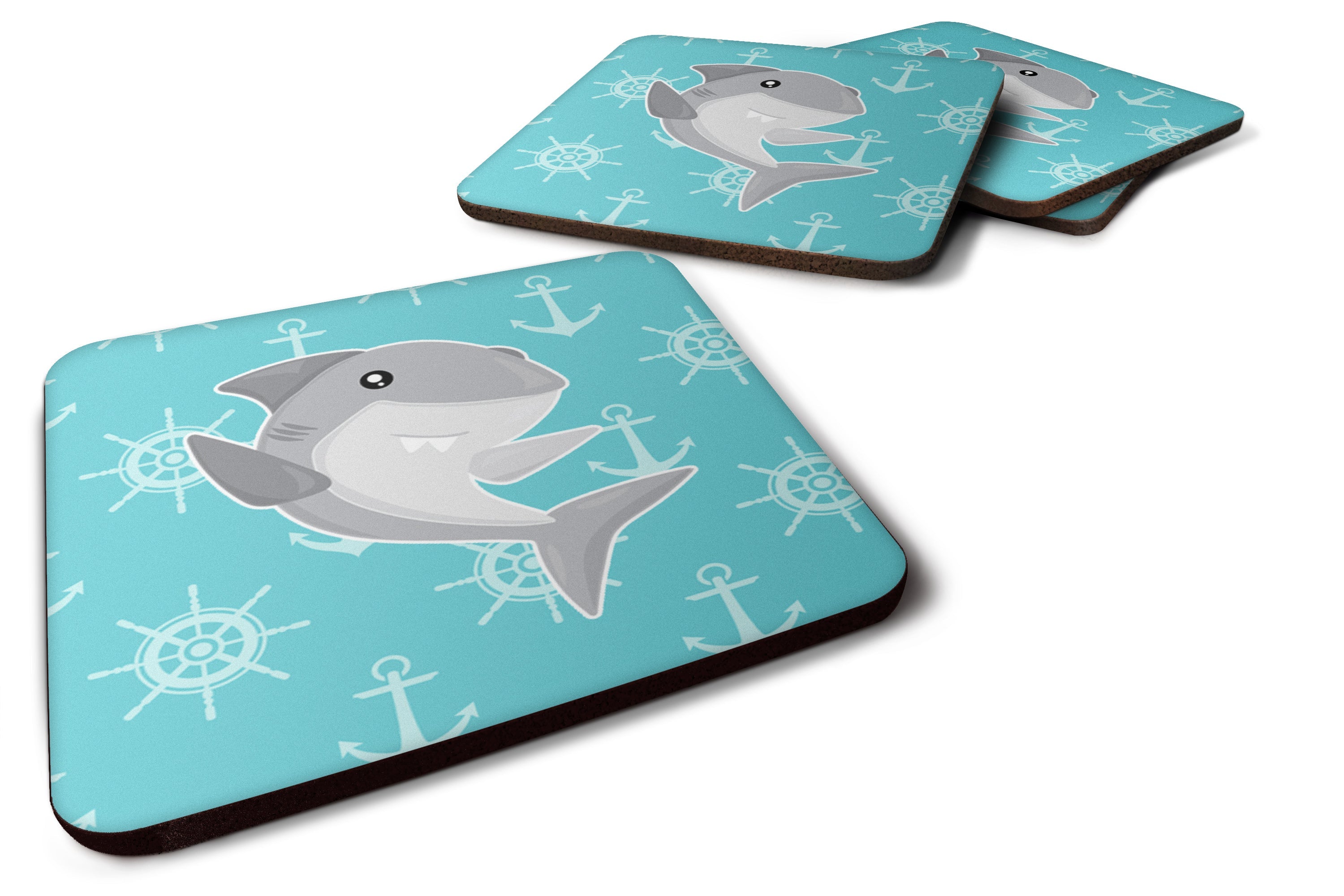 Shark on Blue Nautical Foam Coasters Set of 4 Cup Coasters for Indoor Outdoor, Tabletop Protection, Anti Slip, Mouse pad Material