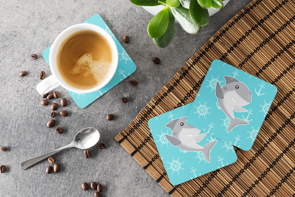 Shark on Blue Nautical Foam Coasters Set of 4 Cup Coasters for Indoor Outdoor, Tabletop Protection, Anti Slip, Mouse pad Material