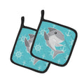 Shark on Blue Nautical Pot Holder Set of 2 Heat Resistant Quilted Hot Pads 7.5 x 7.5 Inch, Insulated Kitchen Trivets for Cooking & Baking